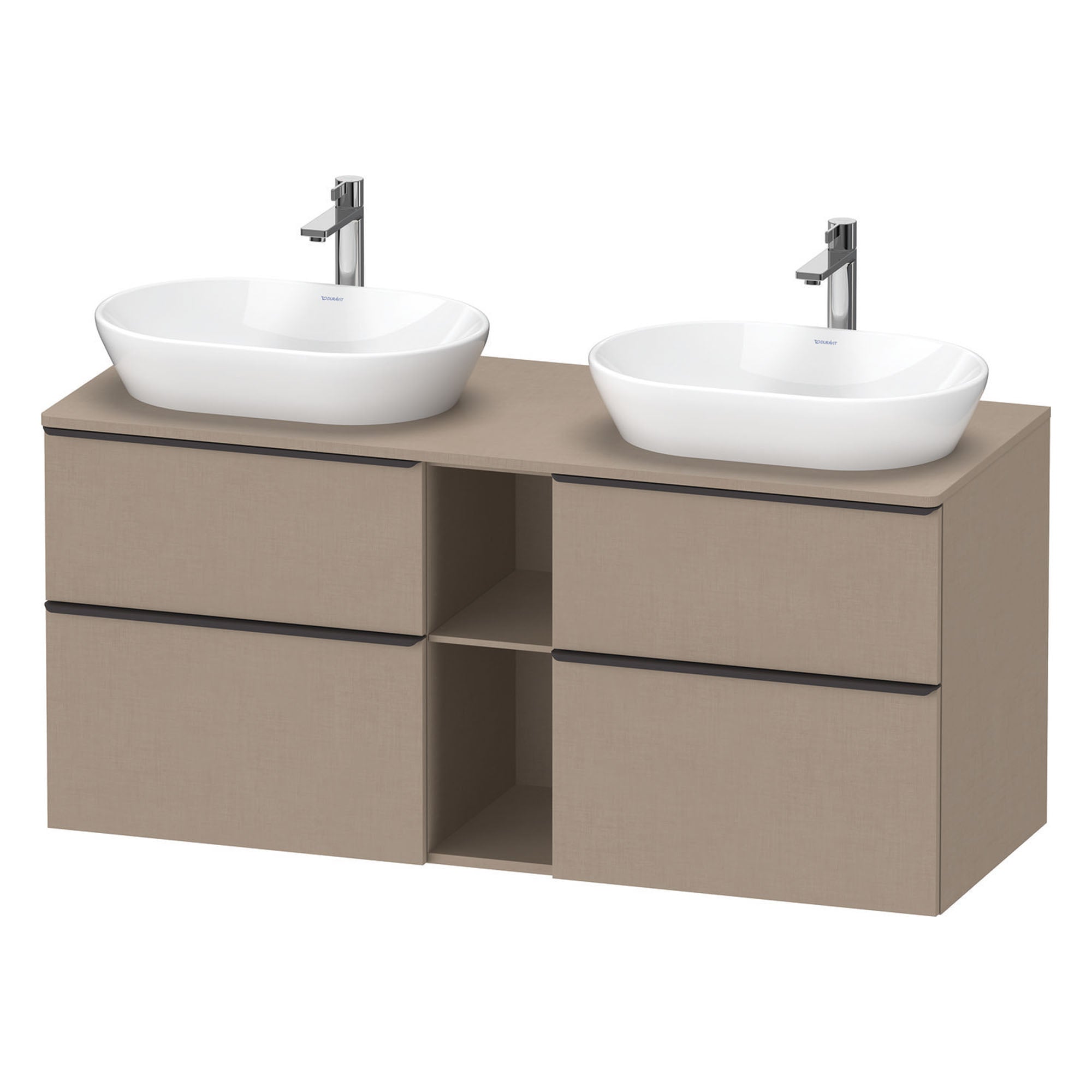 duravit d-neo 1400 wall mounted vanity unit with worktop 2 open shelves matt linen diamond black handles