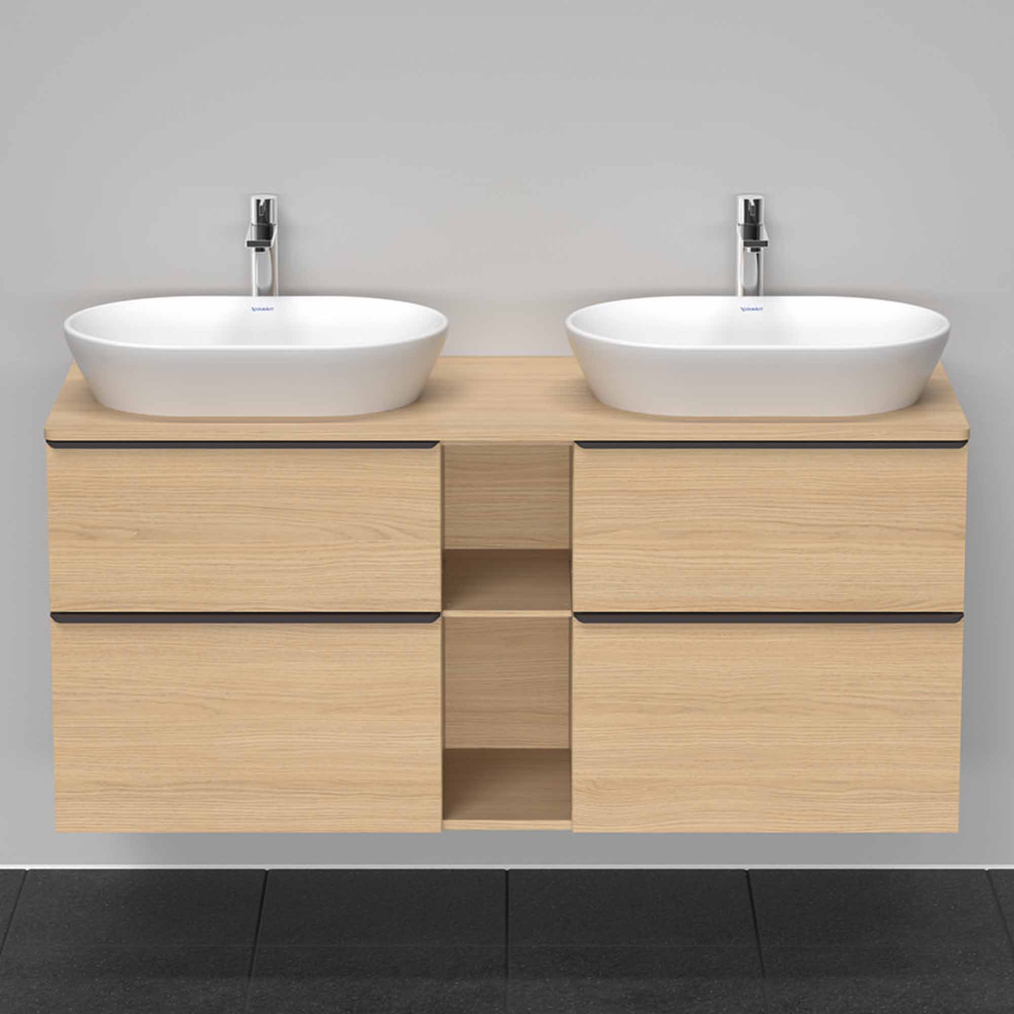 duravit d-neo 1400 wall mounted vanity unit with worktop 2 open shelves natural oak diamond black handles