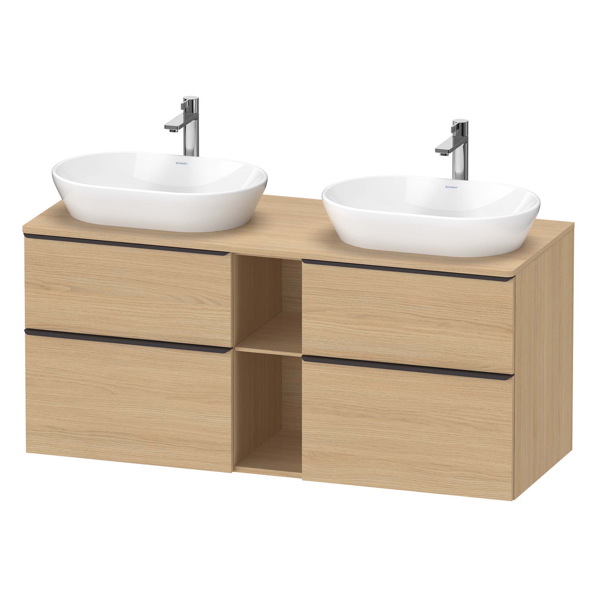 duravit d-neo 1400 wall mounted vanity unit with worktop 2 open shelves natural oak diamond black handles