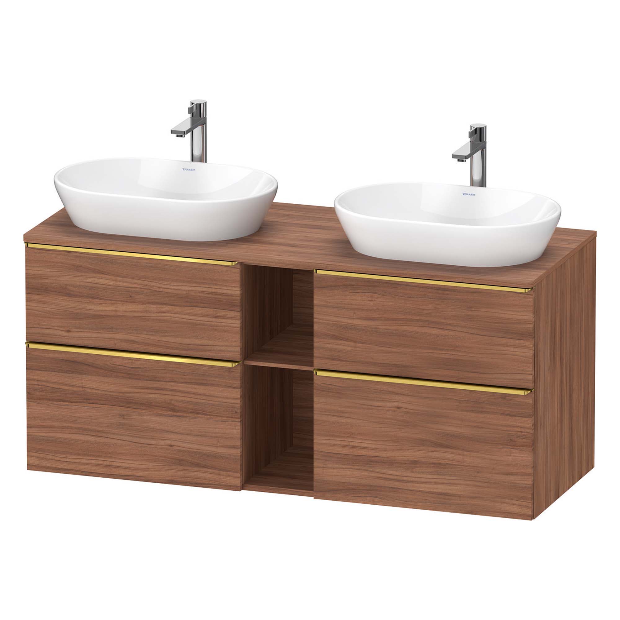 duravit d-neo 1400 wall mounted vanity unit with worktop 2 open shelves walnut matt gold handles