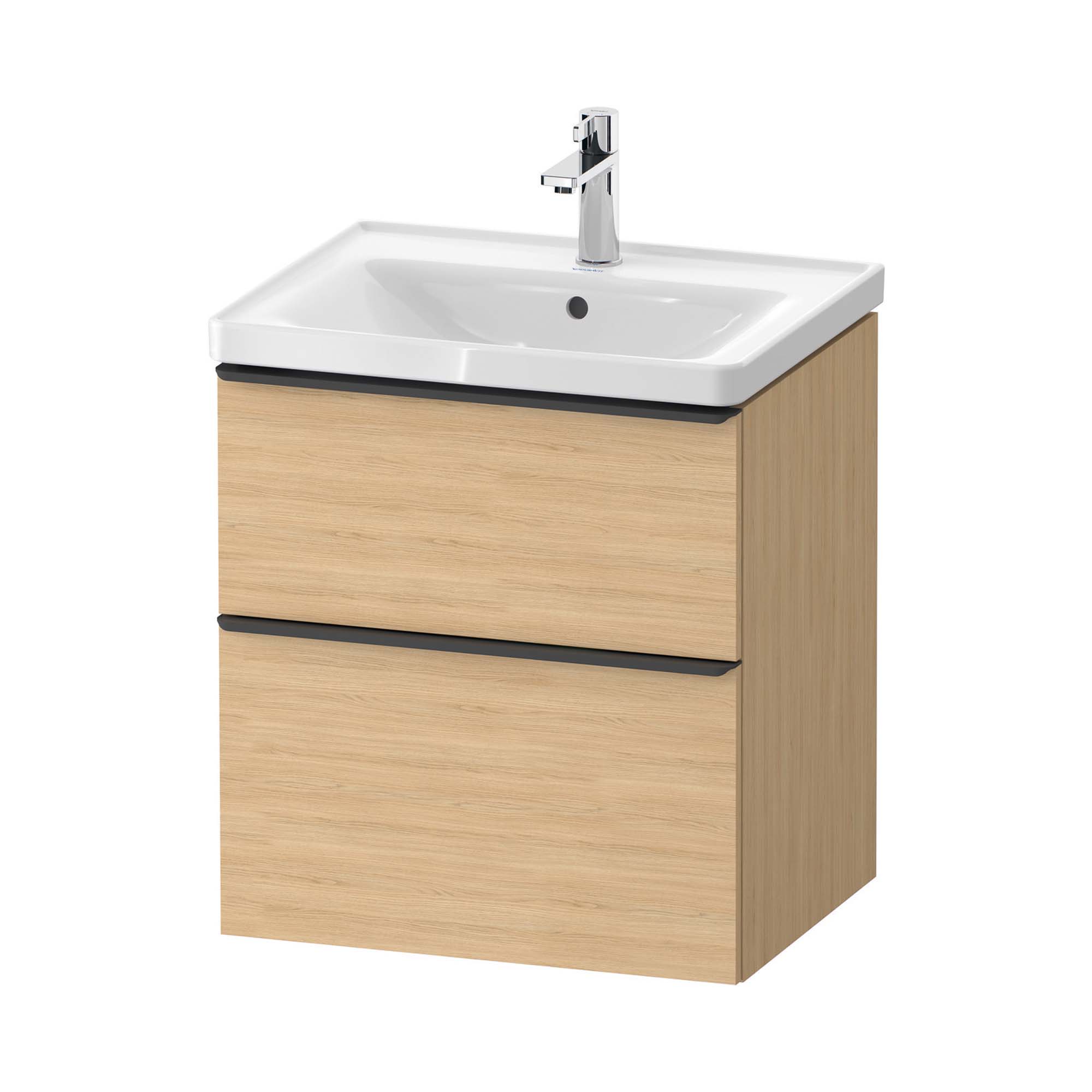 duravit d-neo 600 wall mounted vanity unit with d-neo basin natural oak diamond black handles