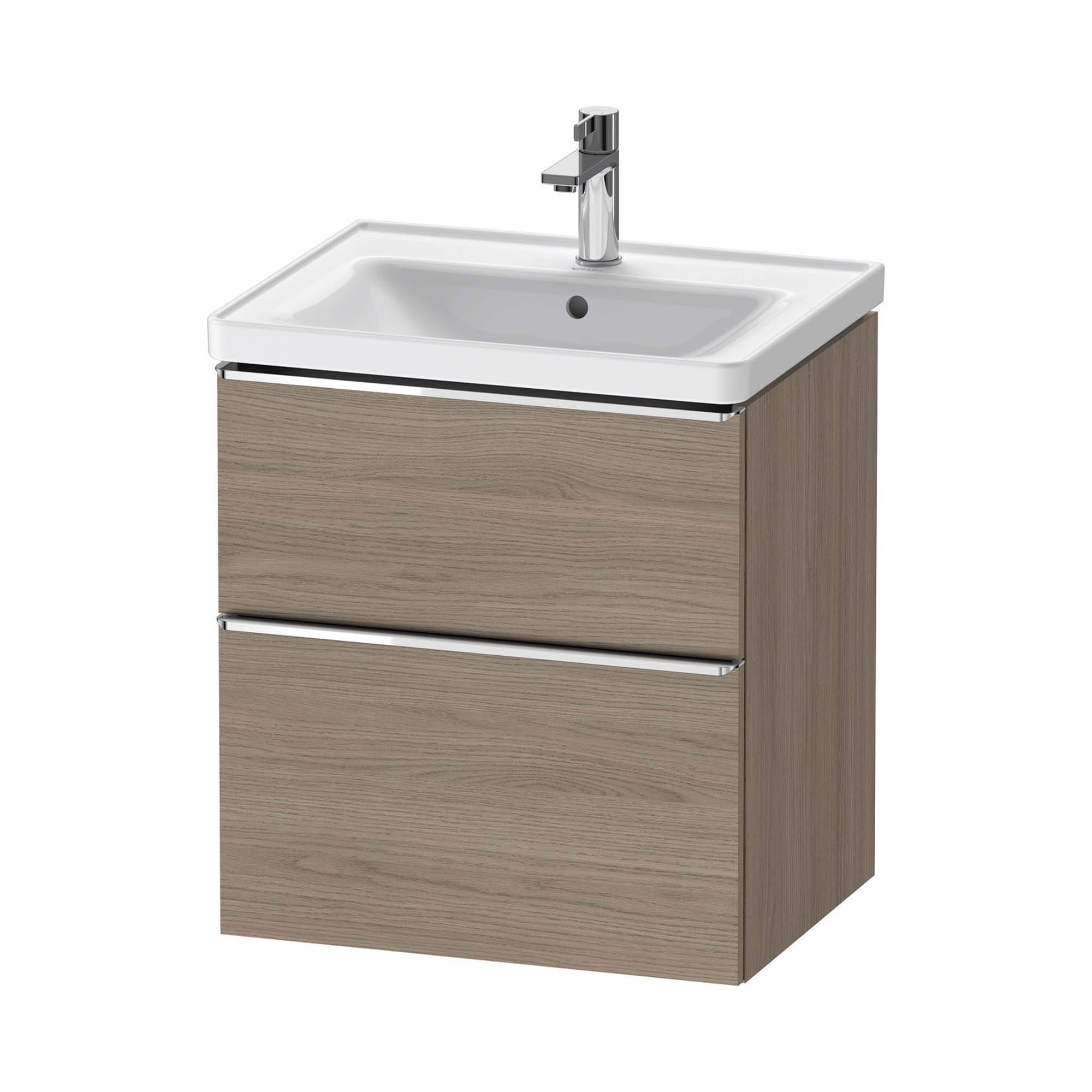 duravit d-neo 600 wall mounted vanity unit with d-neo basin oak terra chrome handles