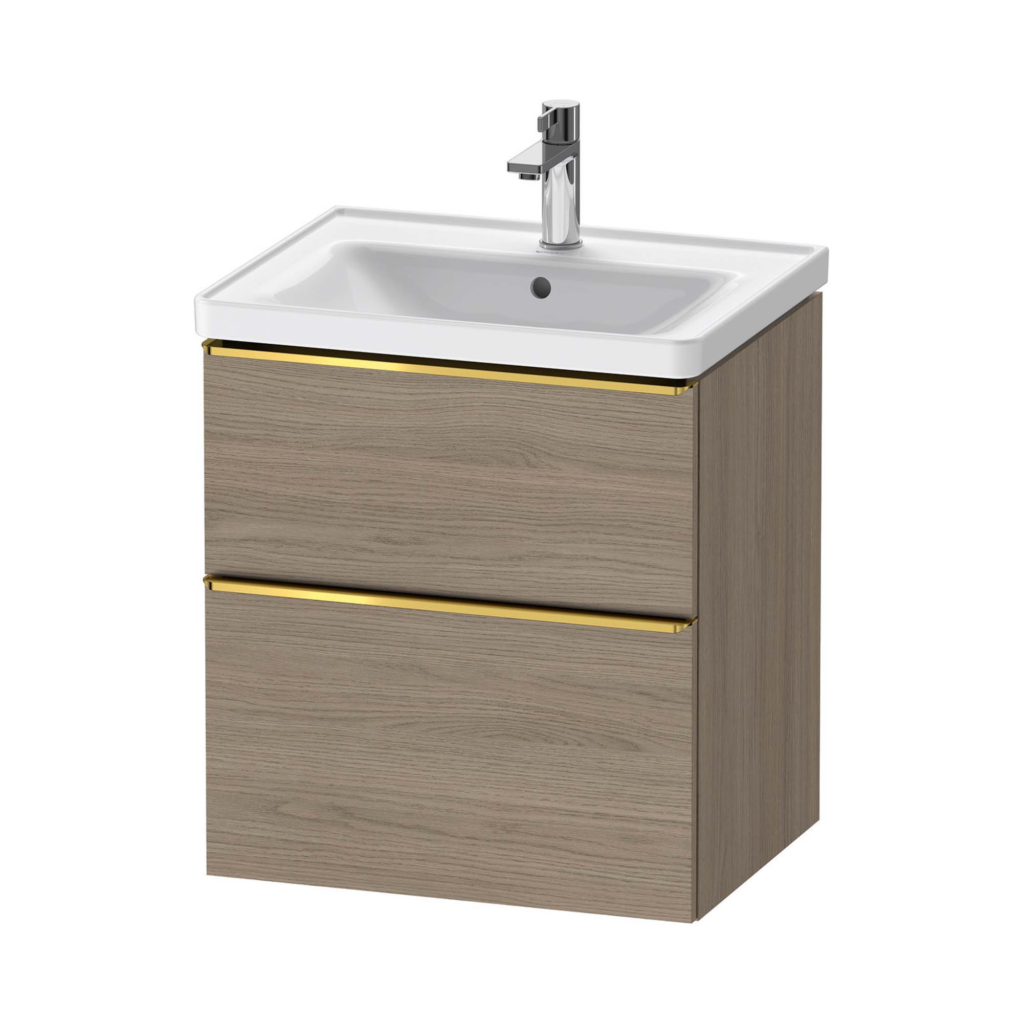 duravit d-neo 600 wall mounted vanity unit with d-neo basin oak terra gold handles