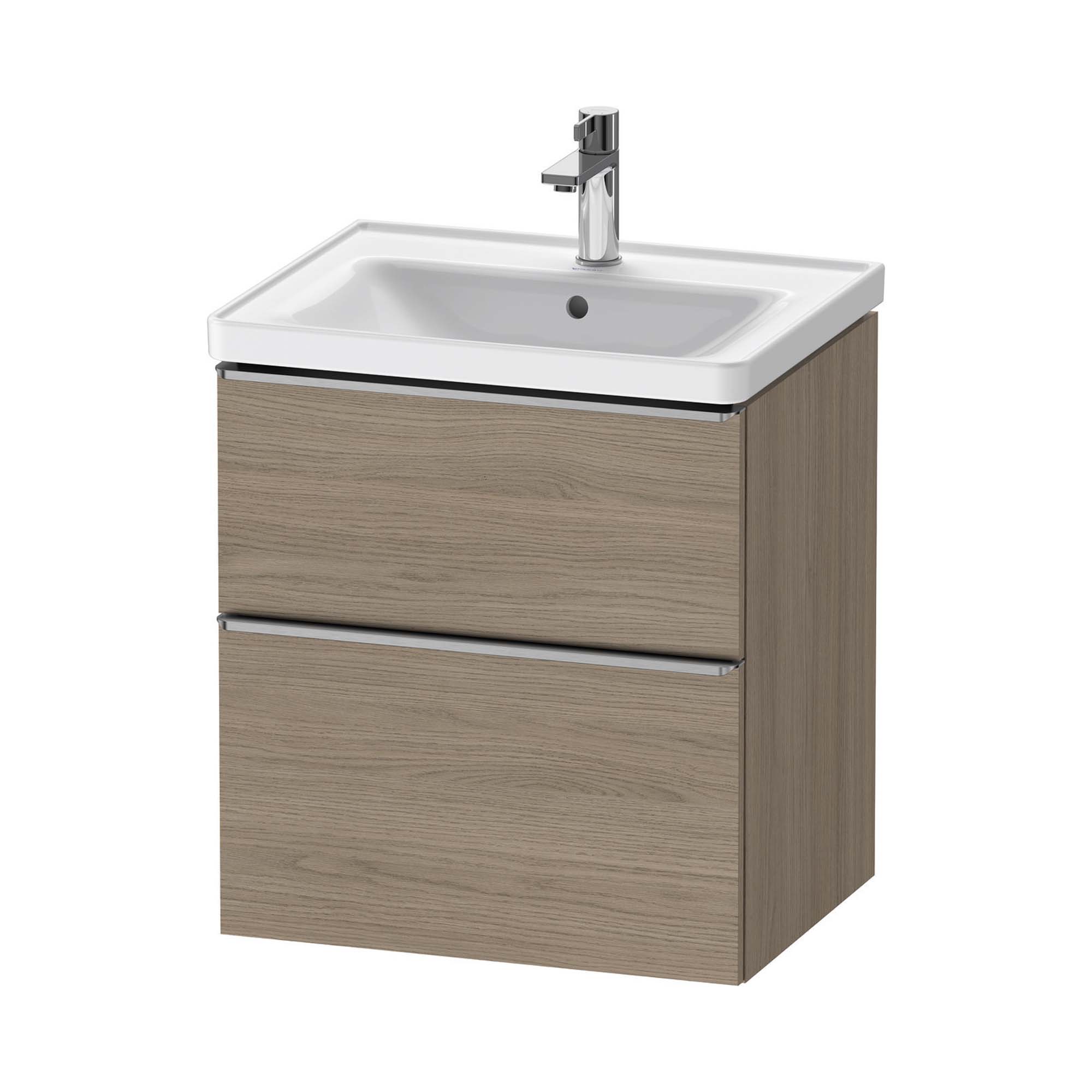 duravit d-neo 600 wall mounted vanity unit with d-neo basin oak terra stainless steel handles