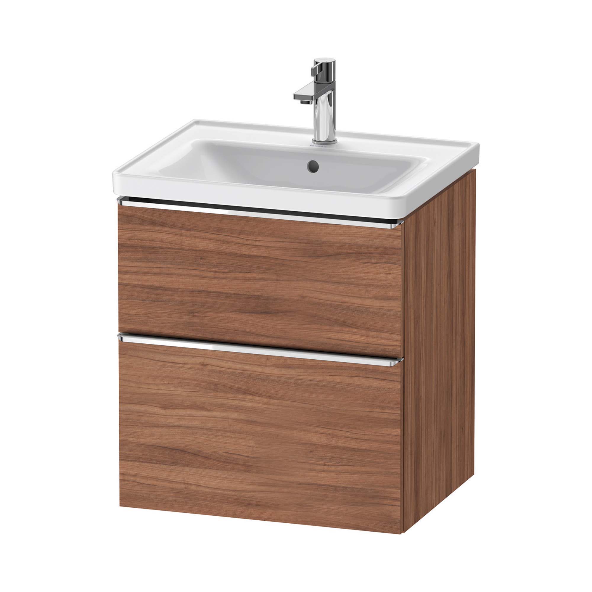 duravit d-neo 600 wall mounted vanity unit with d-neo basin walnut chrome handles