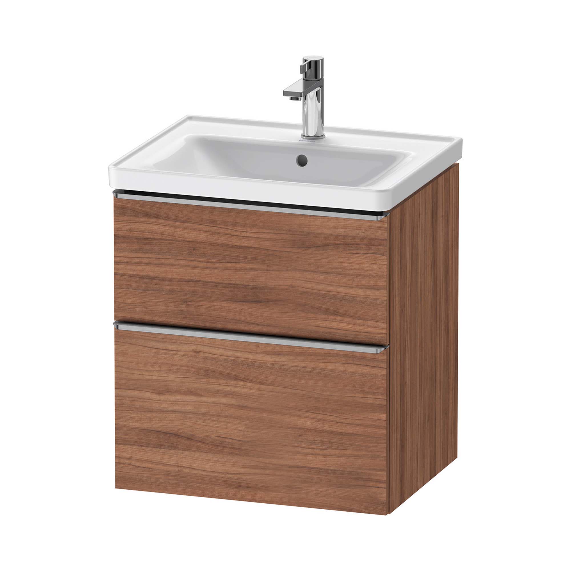 duravit d-neo 600 wall mounted vanity unit with d-neo basin walnut stainless steel handles