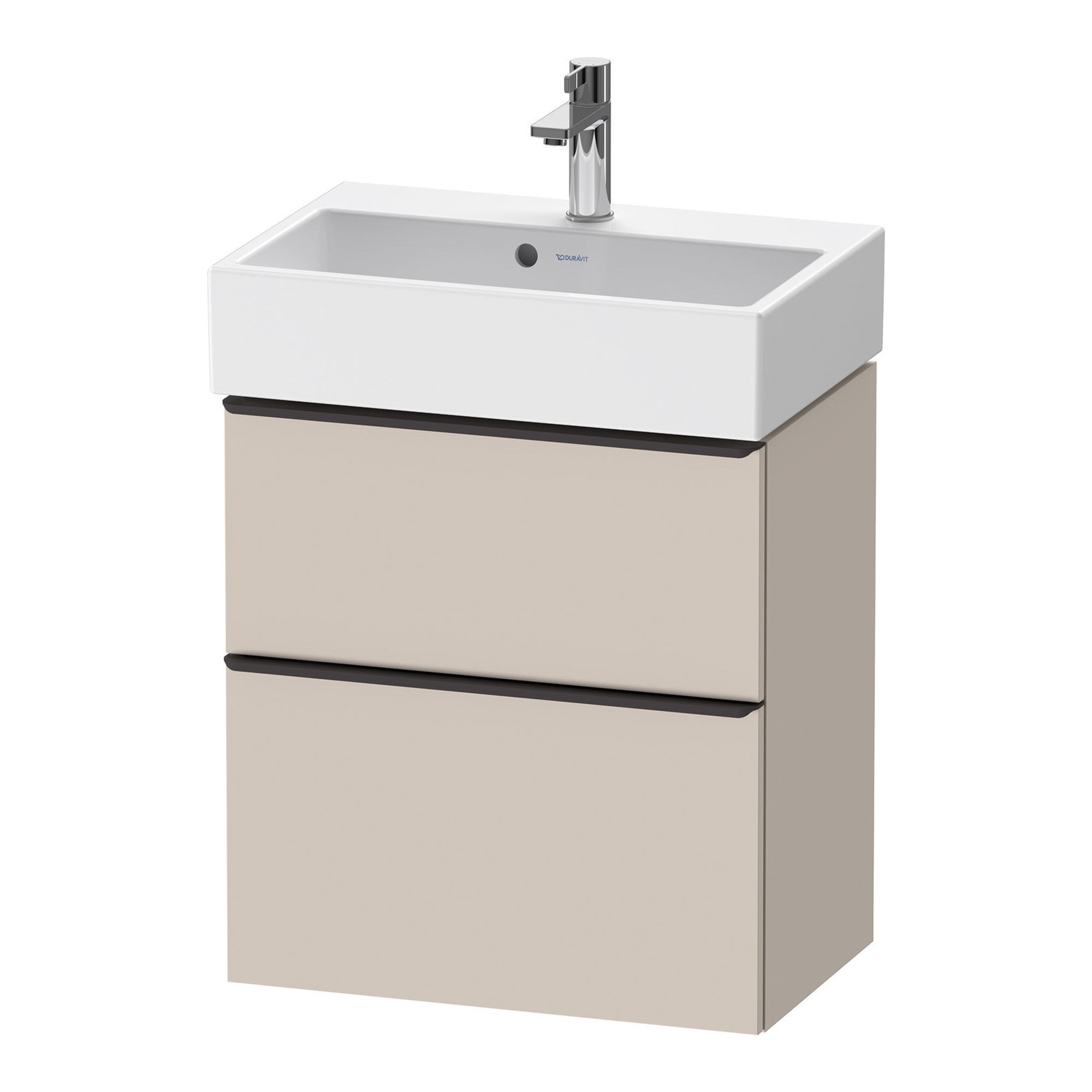 duravit d-neo 600 wall mounted vanity unit with vero basin taupe diamond black handles