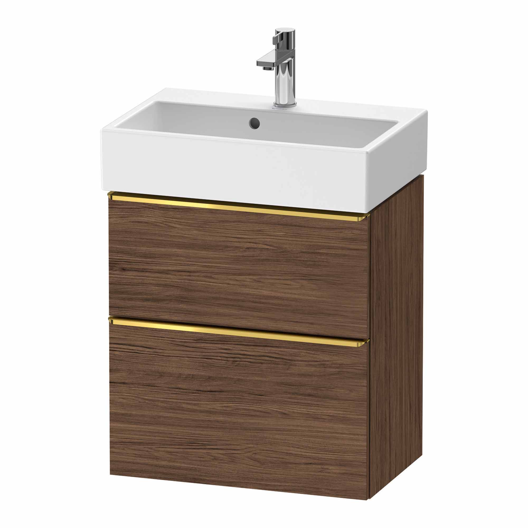 duravit d-neo 600 wall mounted vanity unit with vero basin walnut dark gold handles