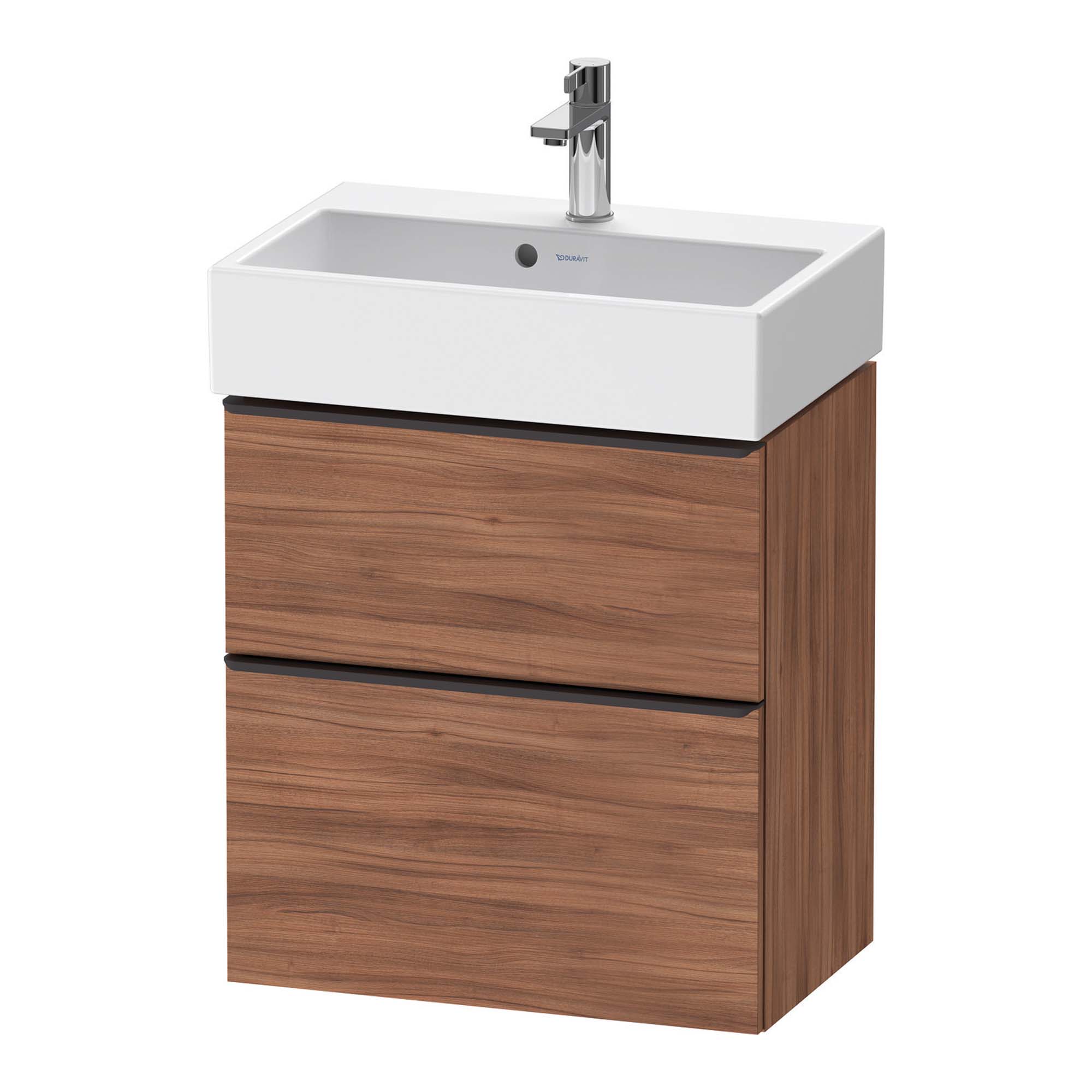 duravit d-neo 600 wall mounted vanity unit with vero basin walnut diamond handles