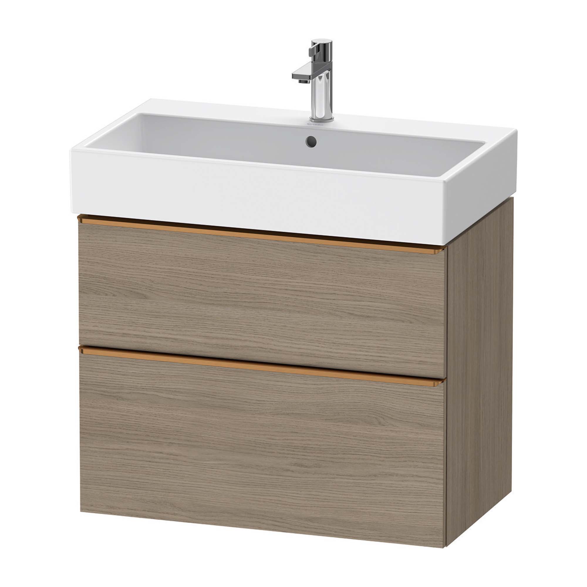 duravit d-neo 800 wall mounted vanity unit with vero basin oak terra brushed bronze handles