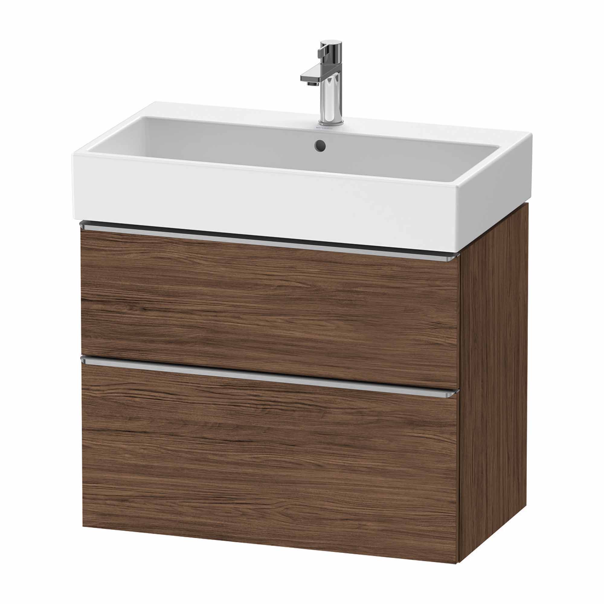 duravit d-neo 800 wall mounted vanity unit with vero basin walnut dark stainless steel handles
