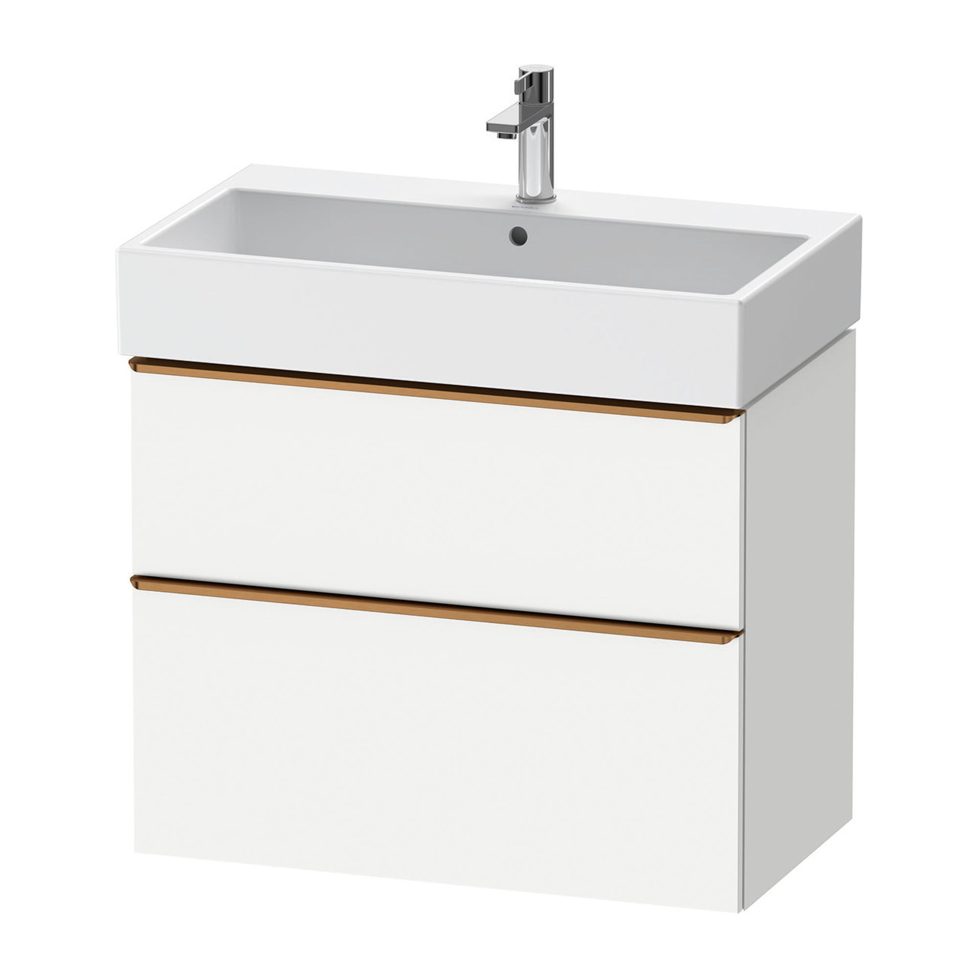 duravit d-neo 800 wall mounted vanity unit with vero basin white matt brushed bronze handles