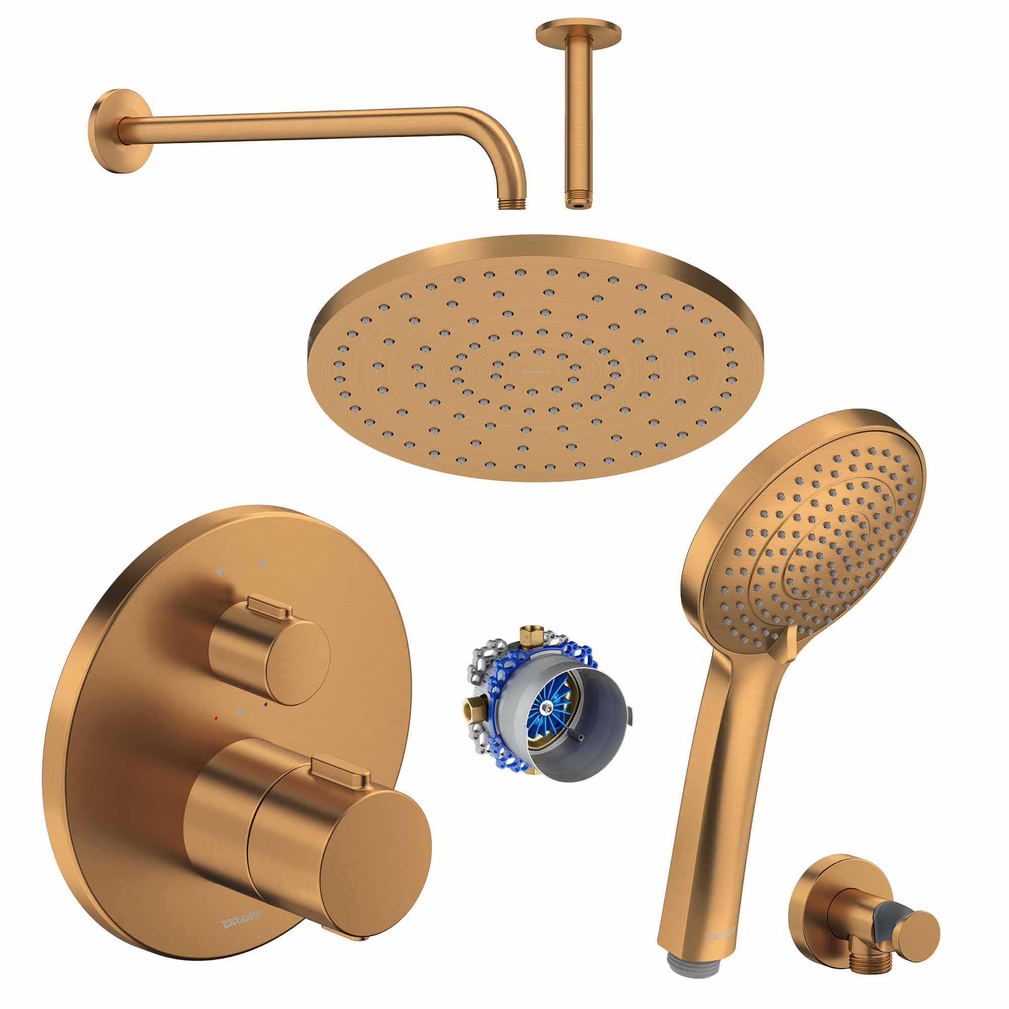 duravit round 2 outlet thermostatic shower valve with fixed overhead and handset brushed bronze