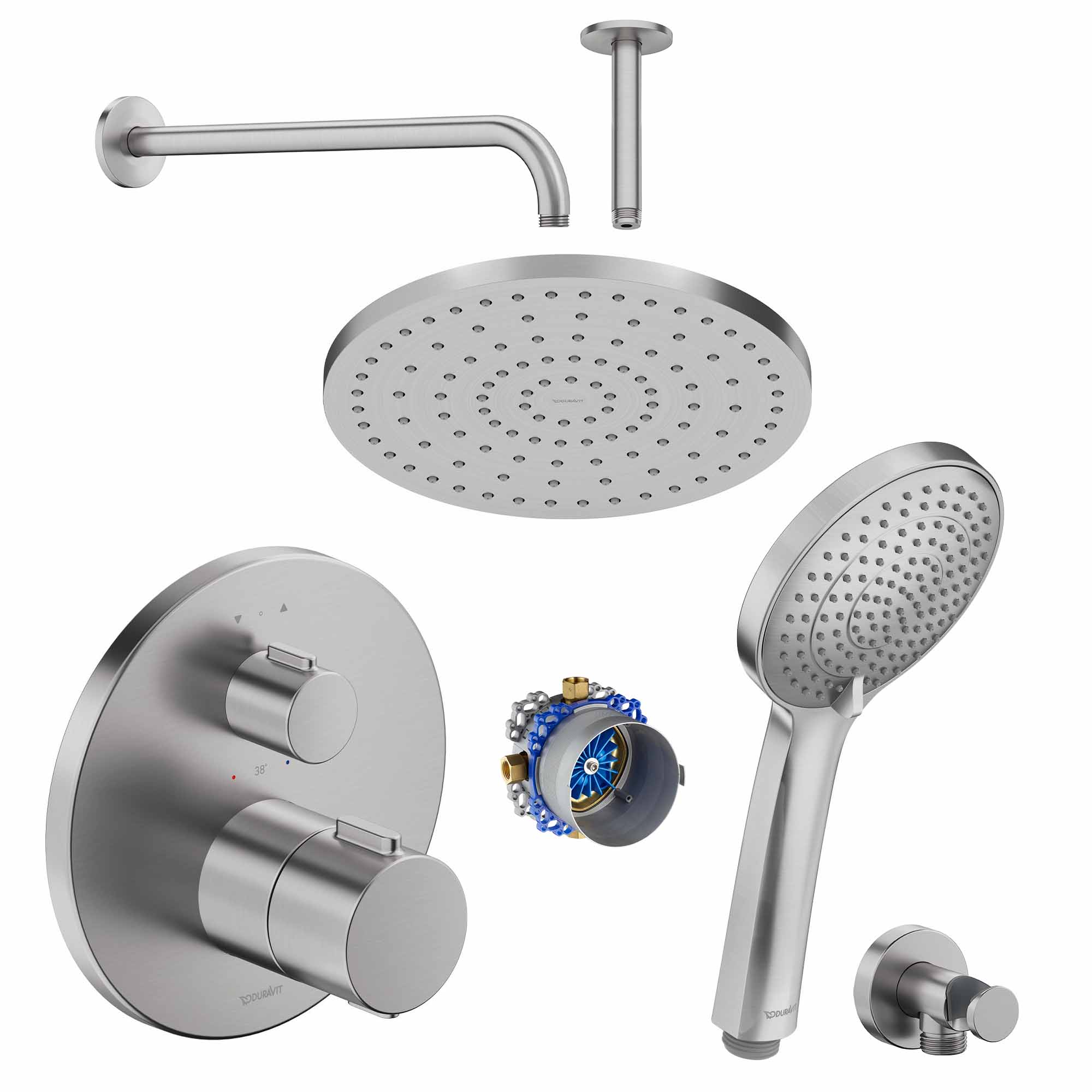 duravit round 2 outlet thermostatic shower valve with fixed overhead and handset brushed stainless steel