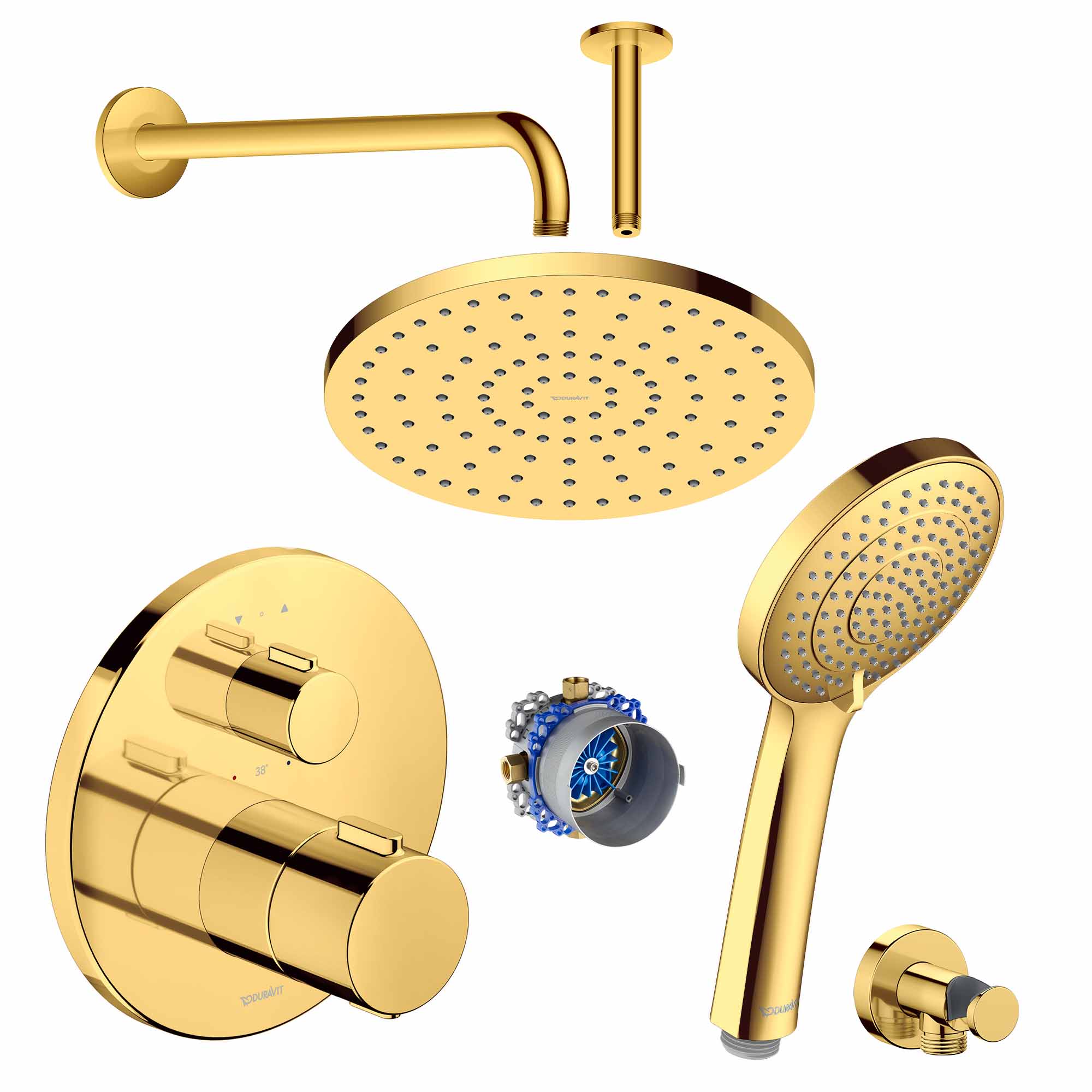 duravit round 2 outlet thermostatic shower valve with fixed overhead and handset polished gold
