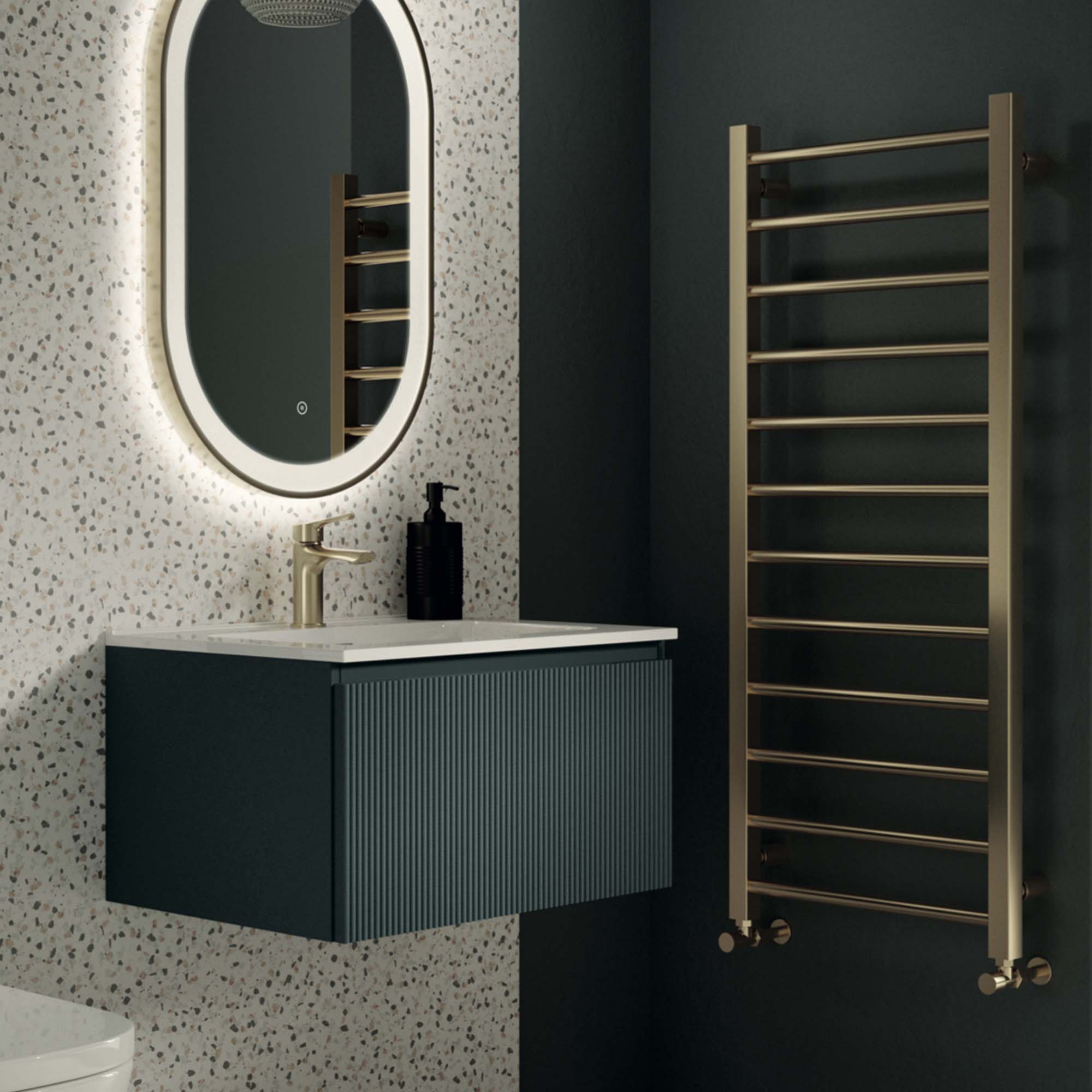 florence 600mm smoked sage fluted wall mounted vanity unit with matt white poly marble washbasin