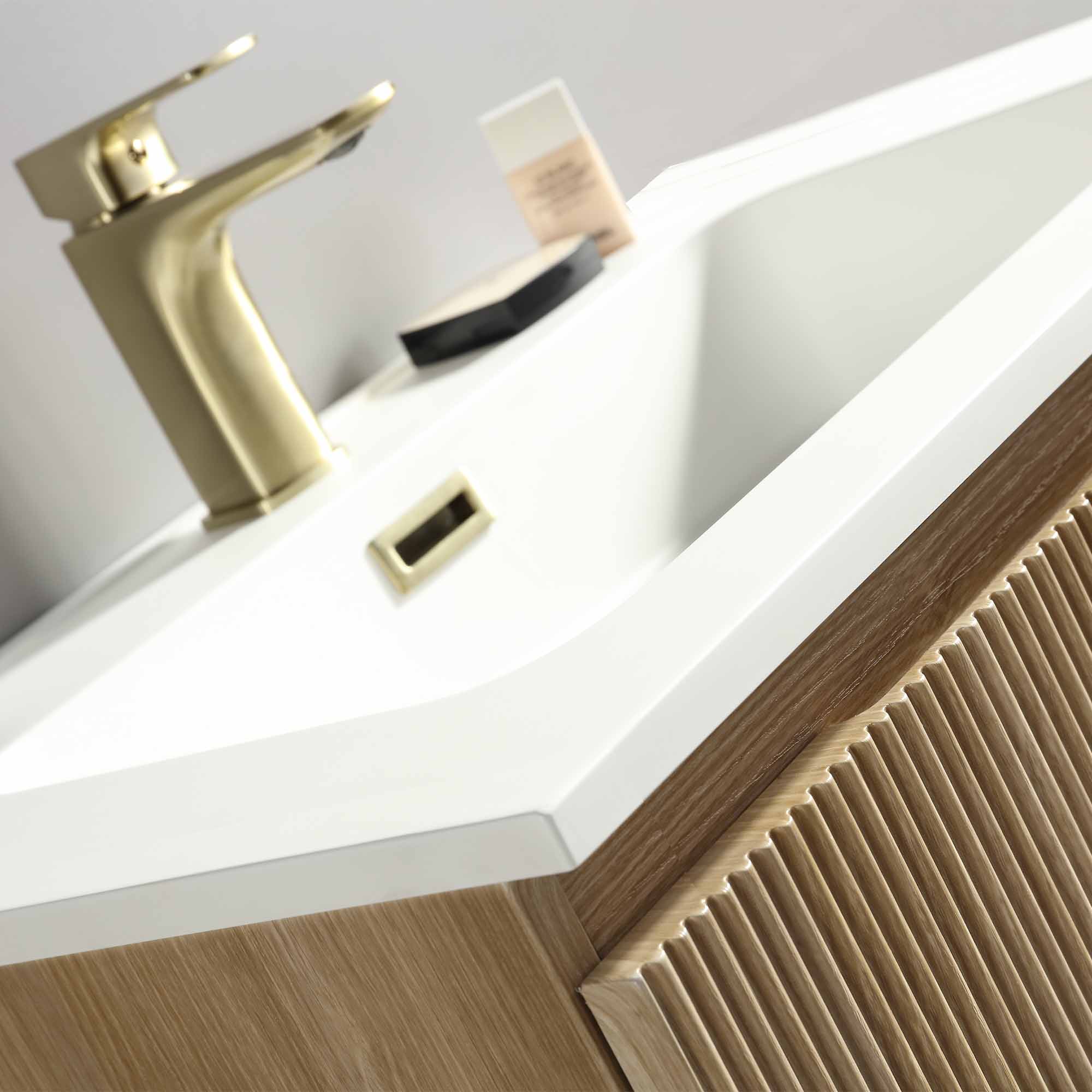 florence 800mm country oak fluted wall mounted vanity unit with matt white poly marble washbasin