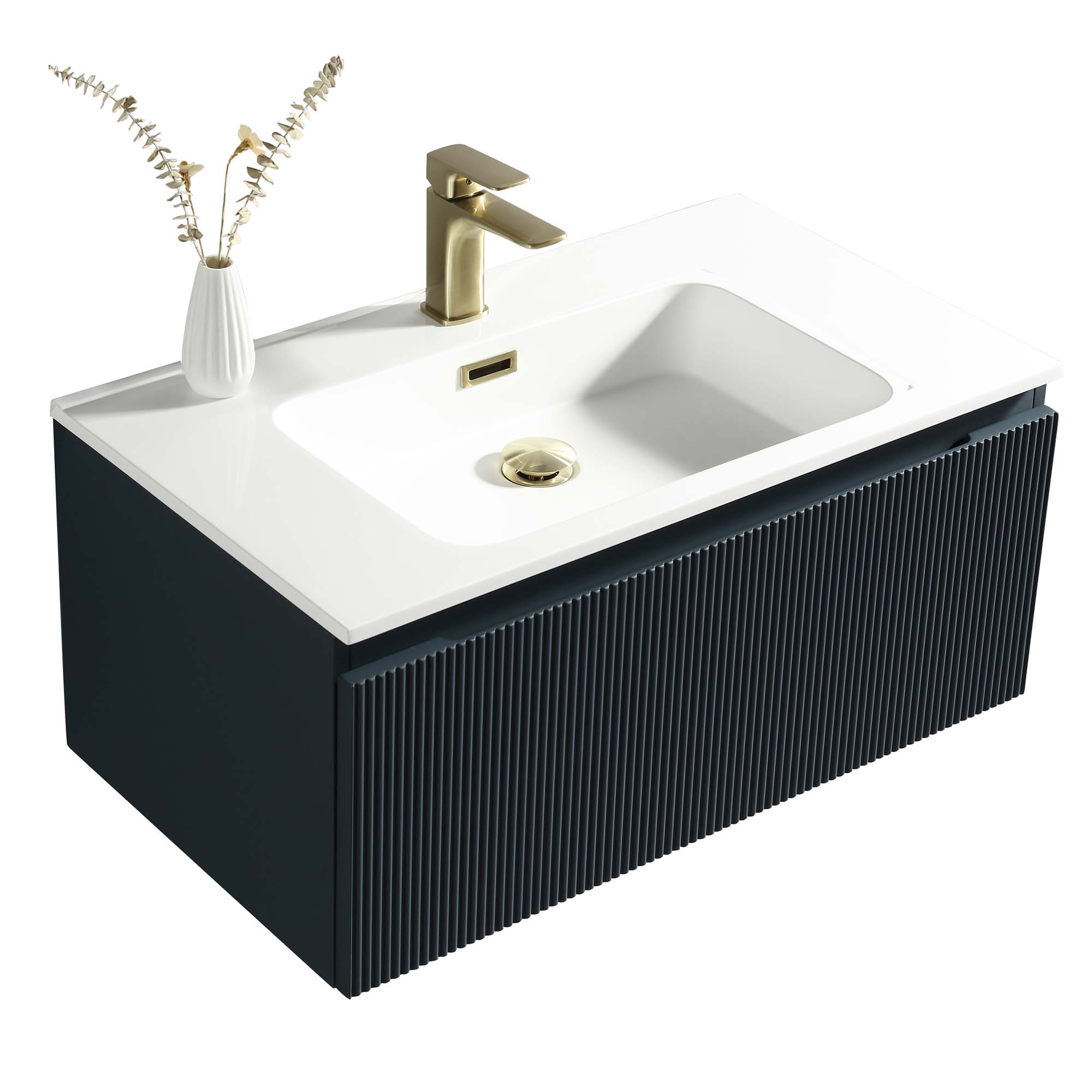 florence 800mm midnight shadow fluted wall mounted vanity unit with matt white poly marble washbasin