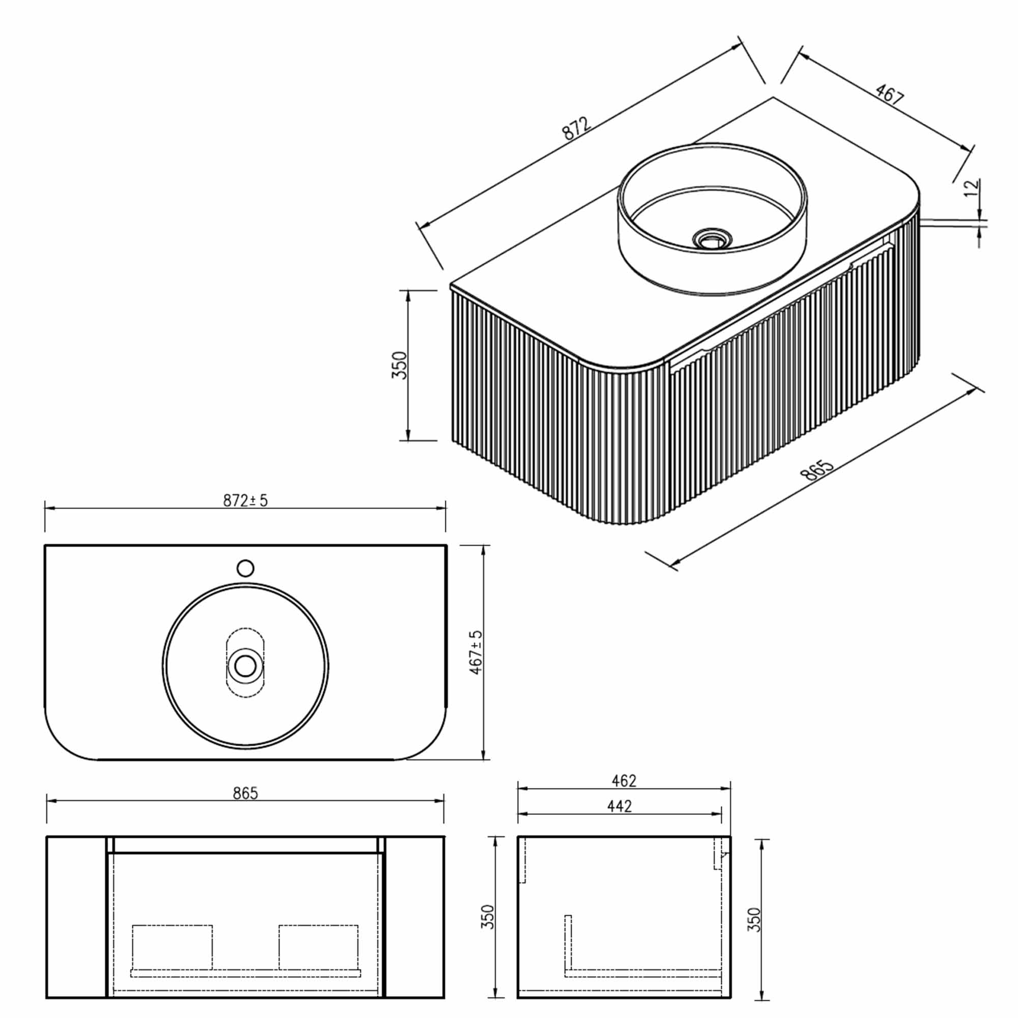 florence 870mm curved fluted wall mounted vanity unit with sintered stone countertop