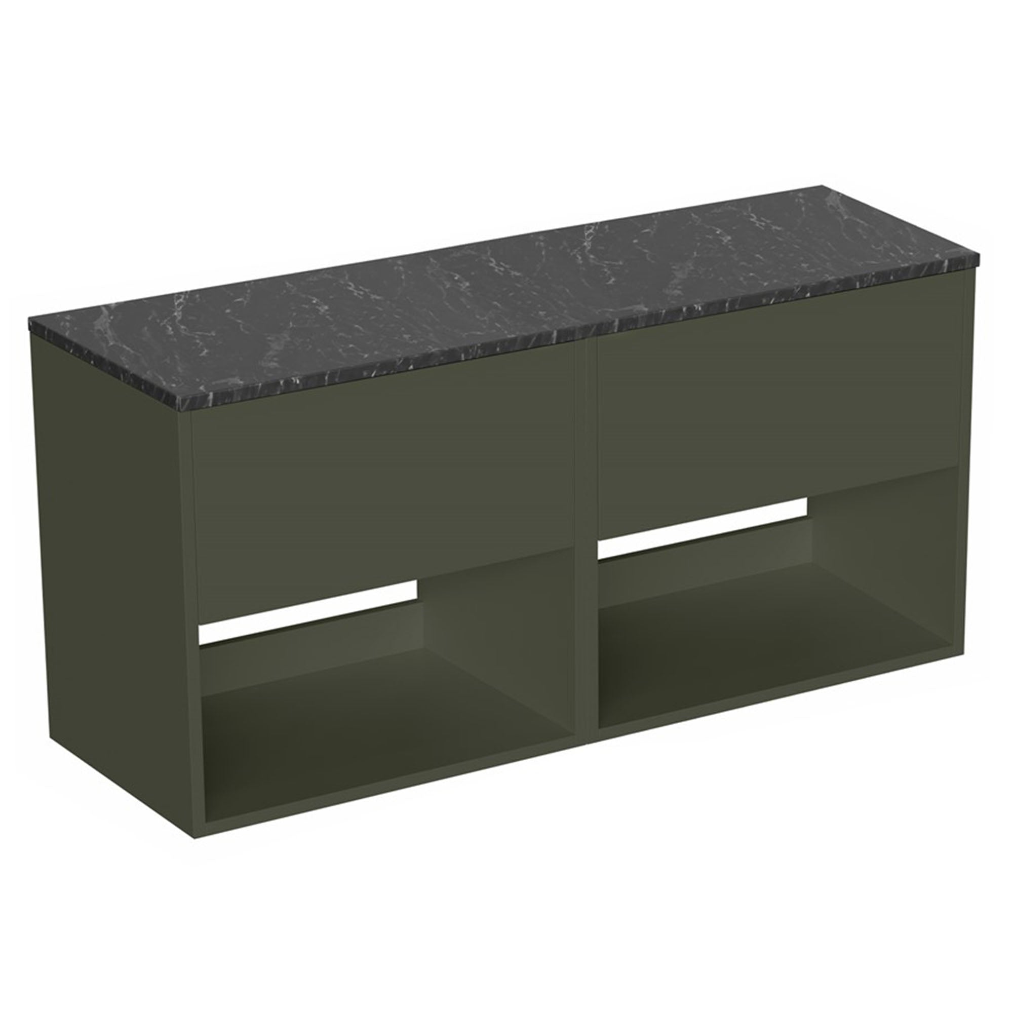 hackney 1200mm wall mounted double vanity unit with marquina worktop and open shelves matt green