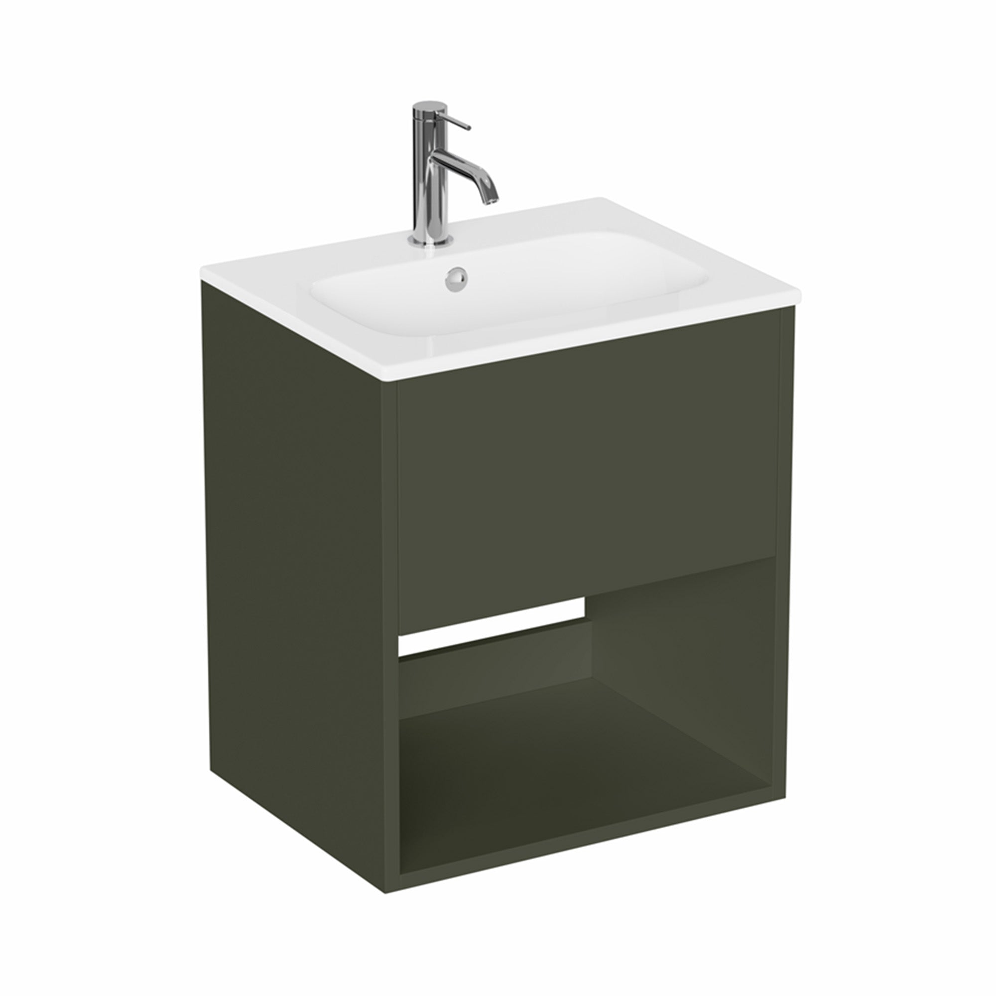 hackney 500mm wall mounted vanity unit with basin and open shelf earthy green