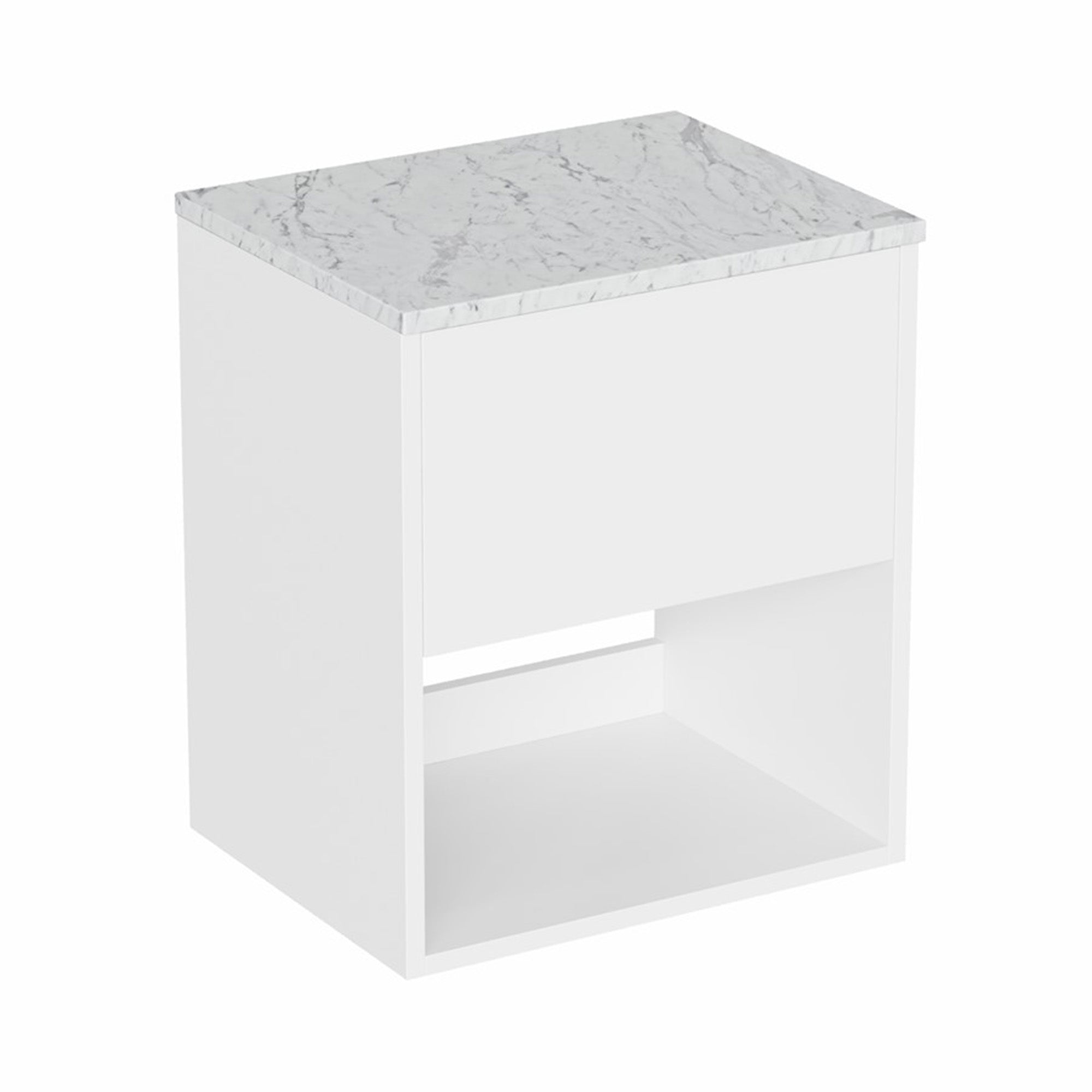 hackney 500mm wall mounted vanity unit with carrara worktop and open shelf gloss white