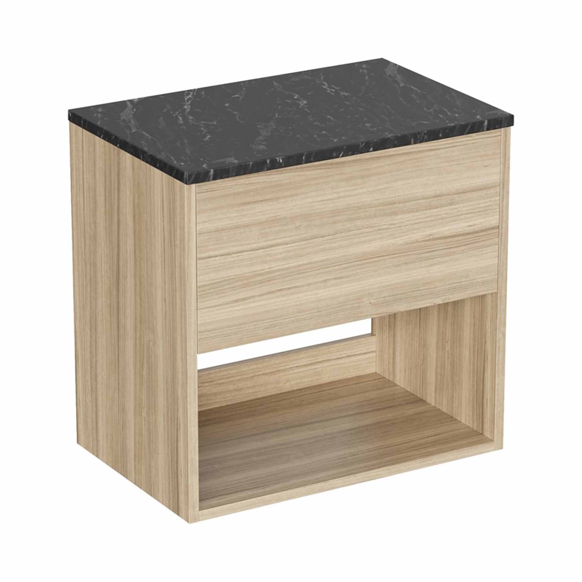 hackney 600mm wall mounted vanity unit with marquina worktop and open shelf cherry wood
