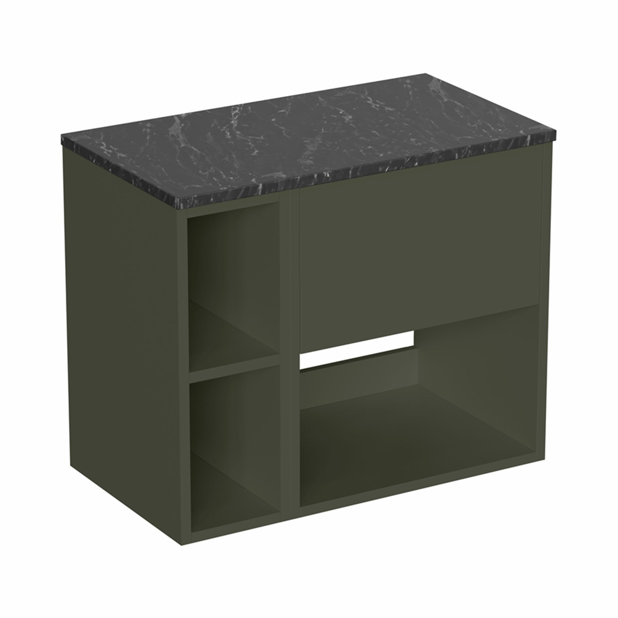 hackney 700 wall mounted vanity unit with marquina worktop and shelf unit matt green