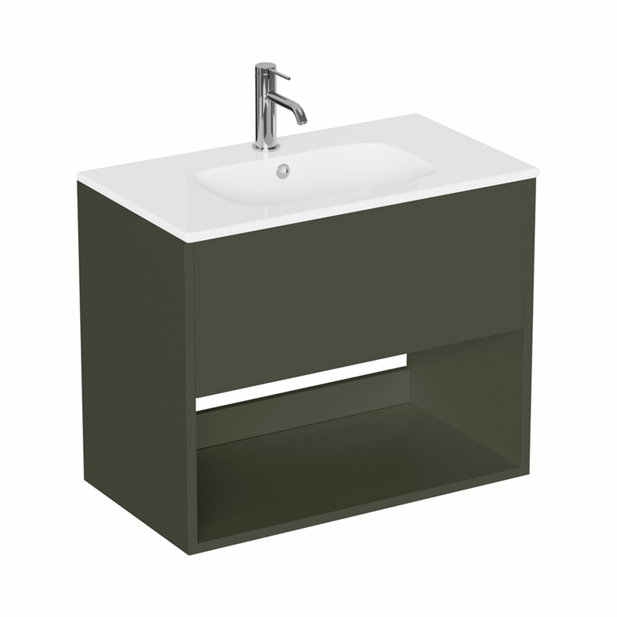 hackney 700mm wall mounted vanity unit with basin and open shelf earthy green