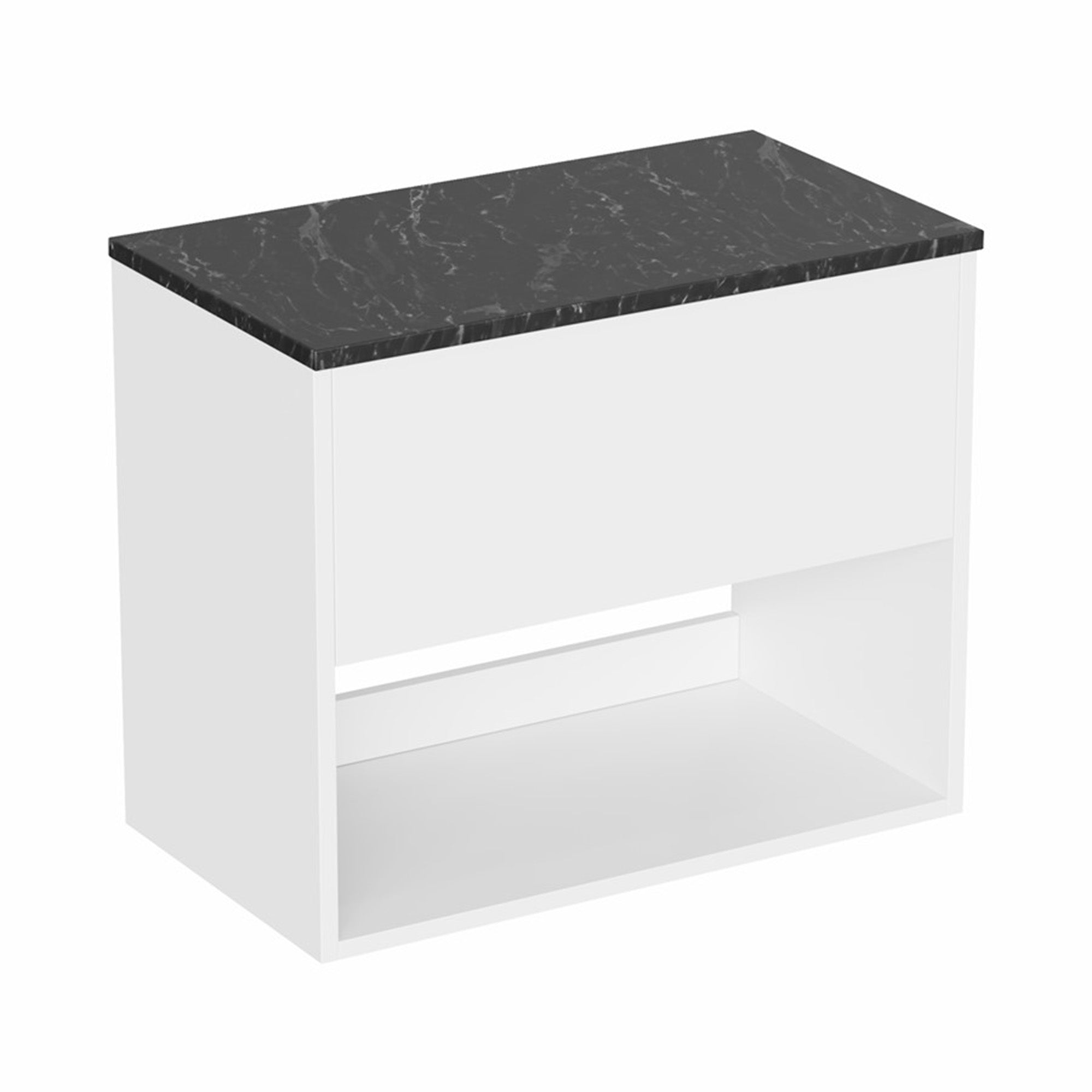 hackney 700mm wall mounted vanity unit with marquina worktop and open shelf gloss white
