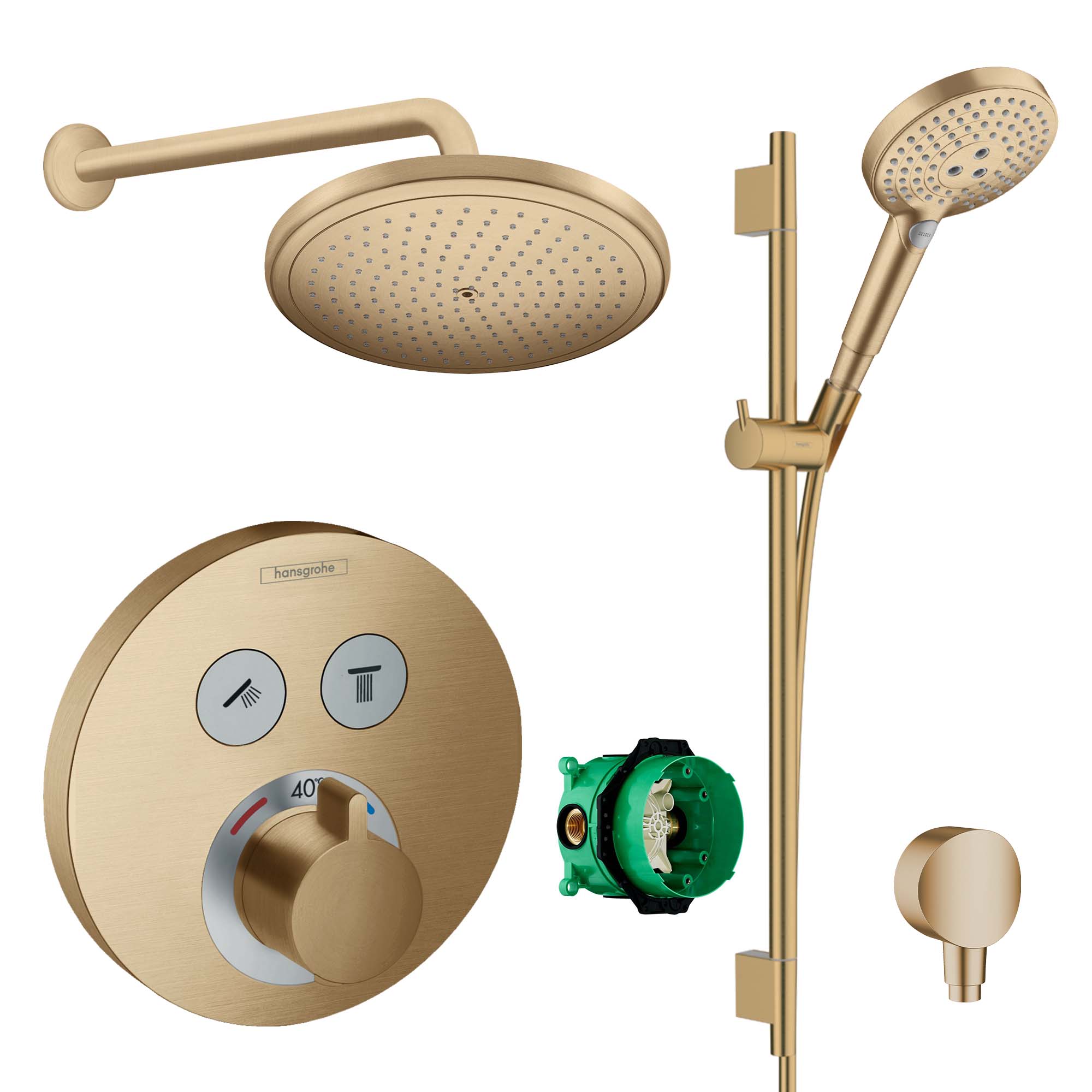 hansgrohe round select 2 outlet push thermostatic valve with croma 280 overhead shower and slide rail kit brushed bronze