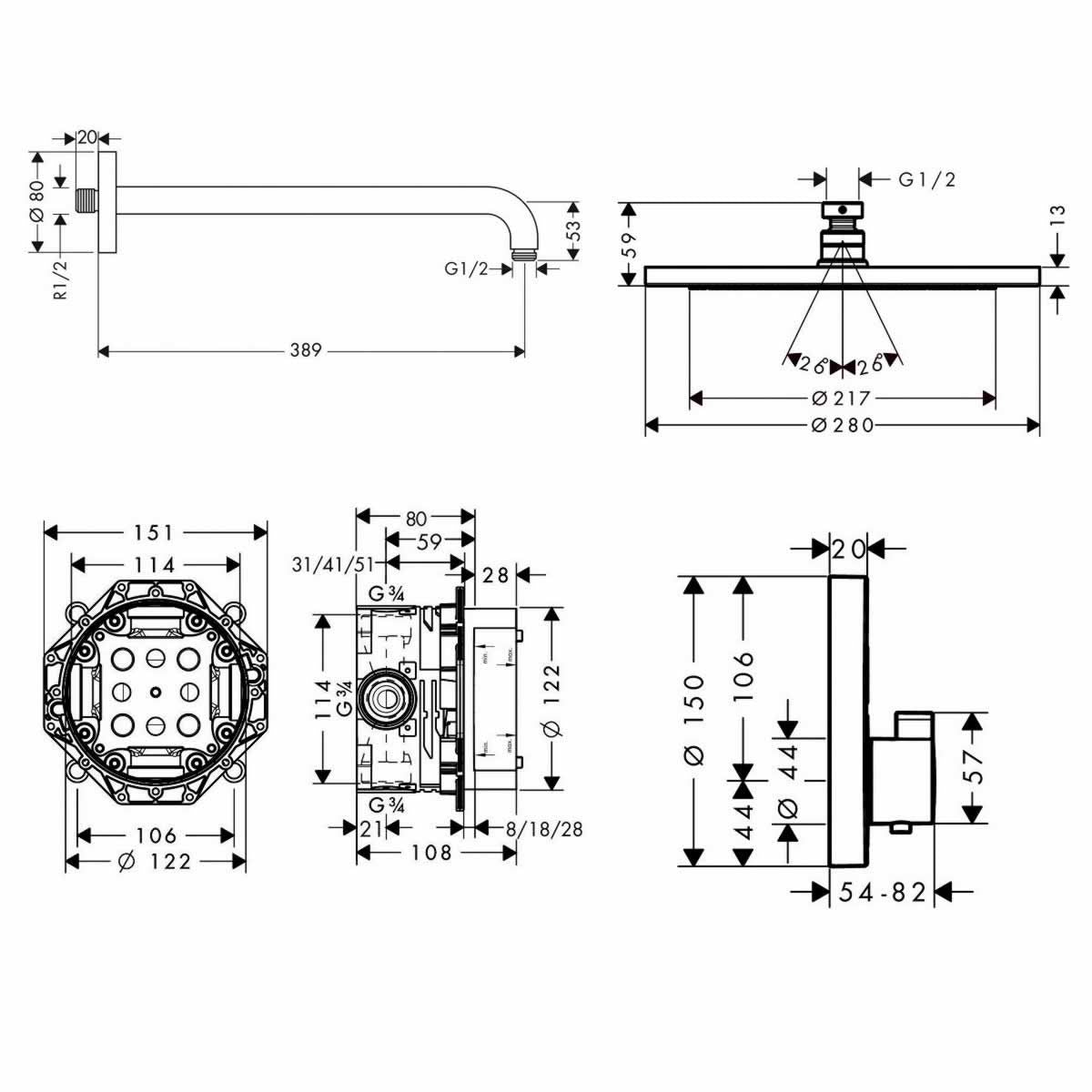 hansgrohe round select 2 outlet push thermostatic valve with croma 280 overhead shower and slide rail kit