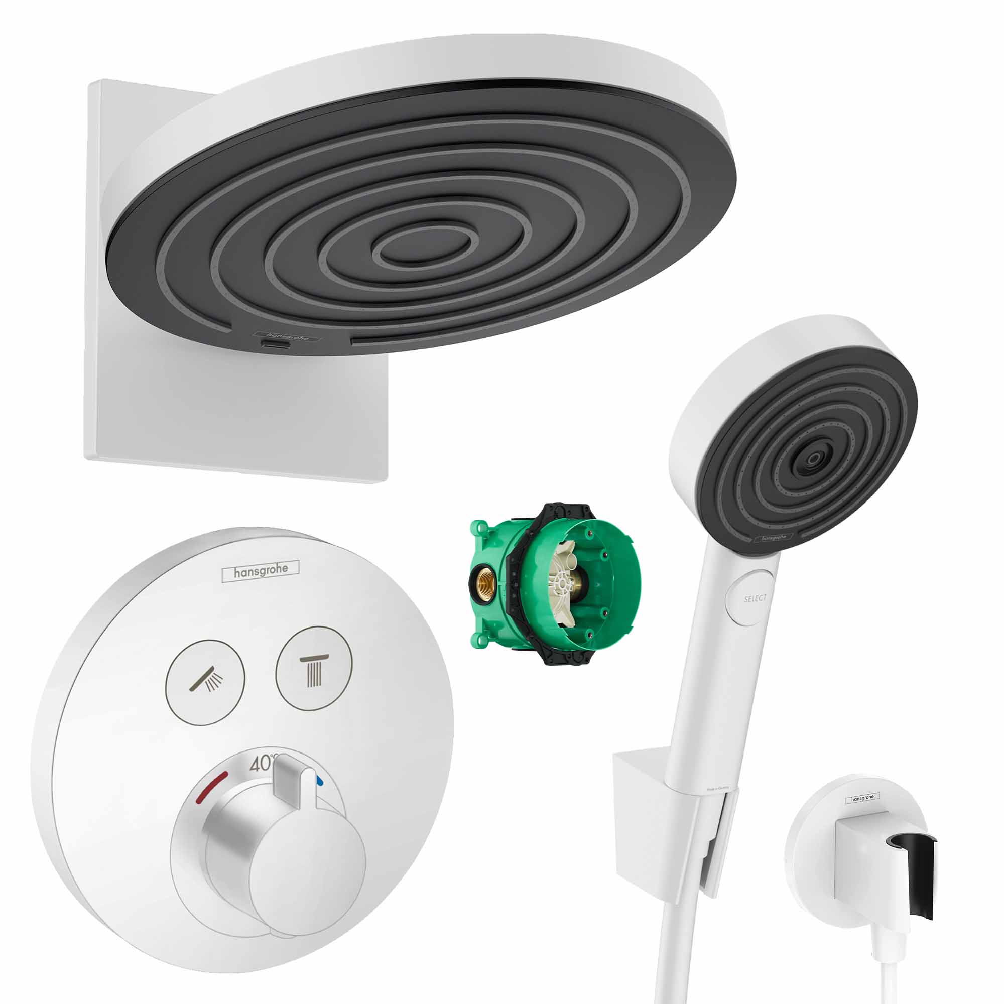 hansgrohe round select 2 outlet push thermostatic valve with pulsify 260 overhead and pulsify handset matt white