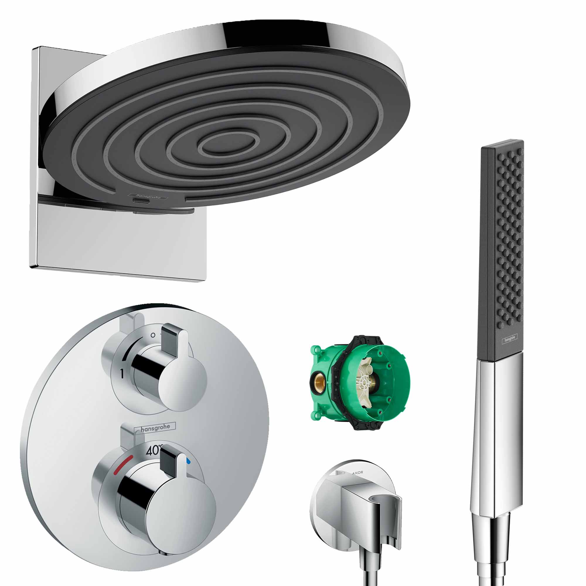 hansgrohe round select 2 outlet push thermostatic valve with pulsify 260 overhead and rainfinity baton handset chrome