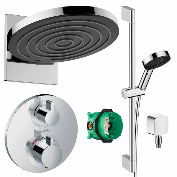 Hansgrohe Round 2 Outlet Thermostatic Valve with Pulsify 260 Overhead  Shower and Slide Rail Kit - Chrome