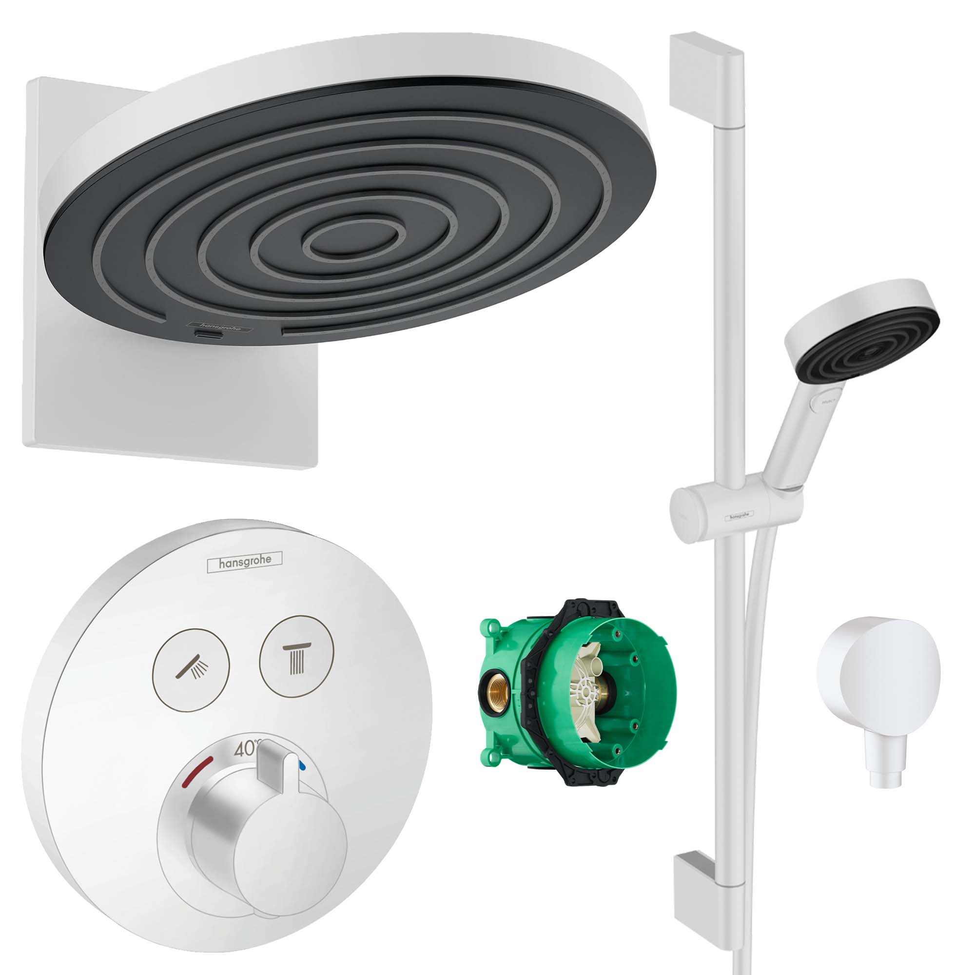hansgrohe round select 2 outlet push thermostatic valve with pulsify 260 overhead and slide rail kit matt white
