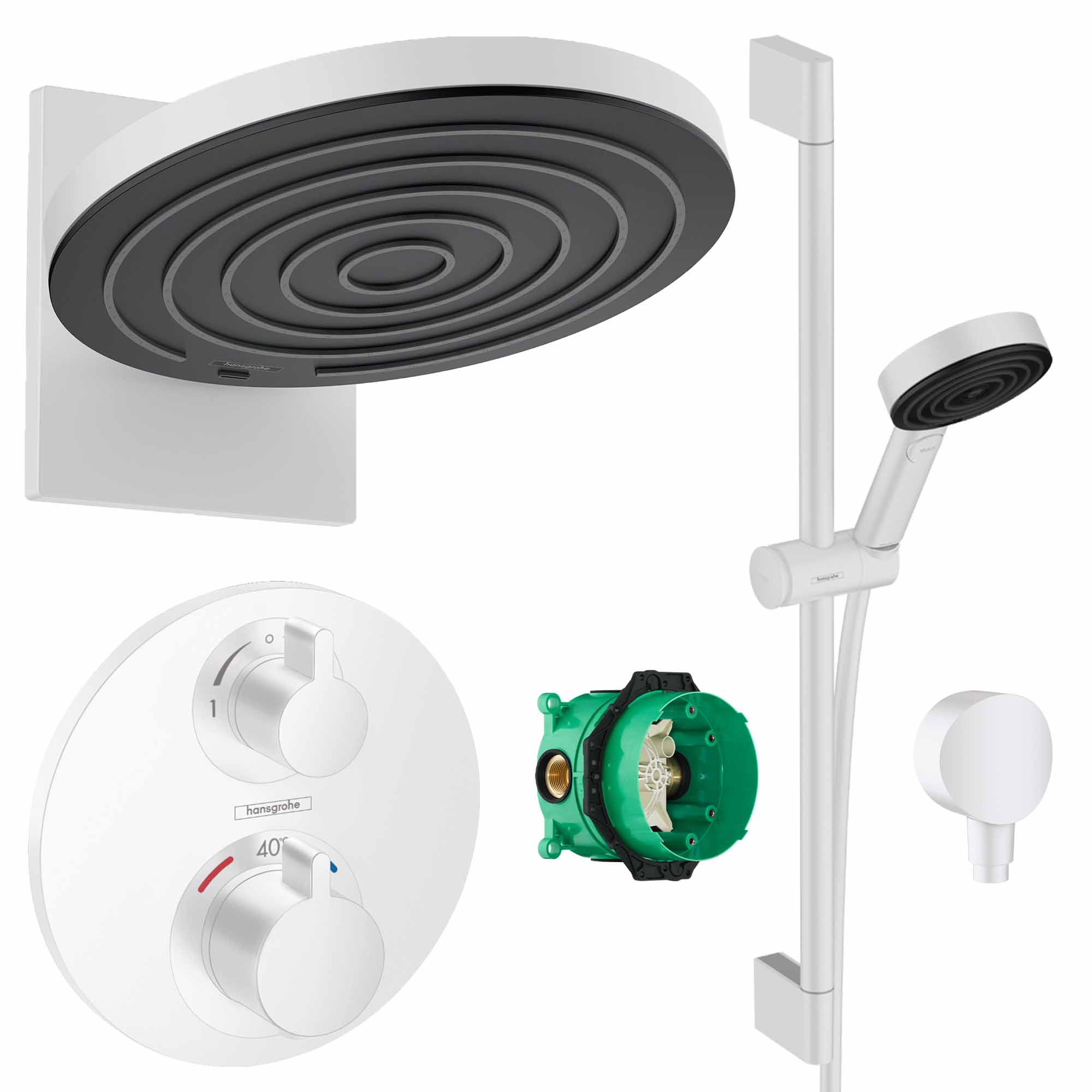 hansgrohe round select 2 outlet thermostatic ecostat shower valve with pulsify 260 overhead and slide rail kit matt white