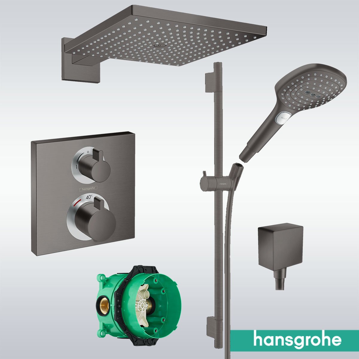 Products Hansgrohe Square 2 Outlet Thermostatic Valve With Raindance Overhead Shower and Slide Rail Kit - Brushed Black Chrome