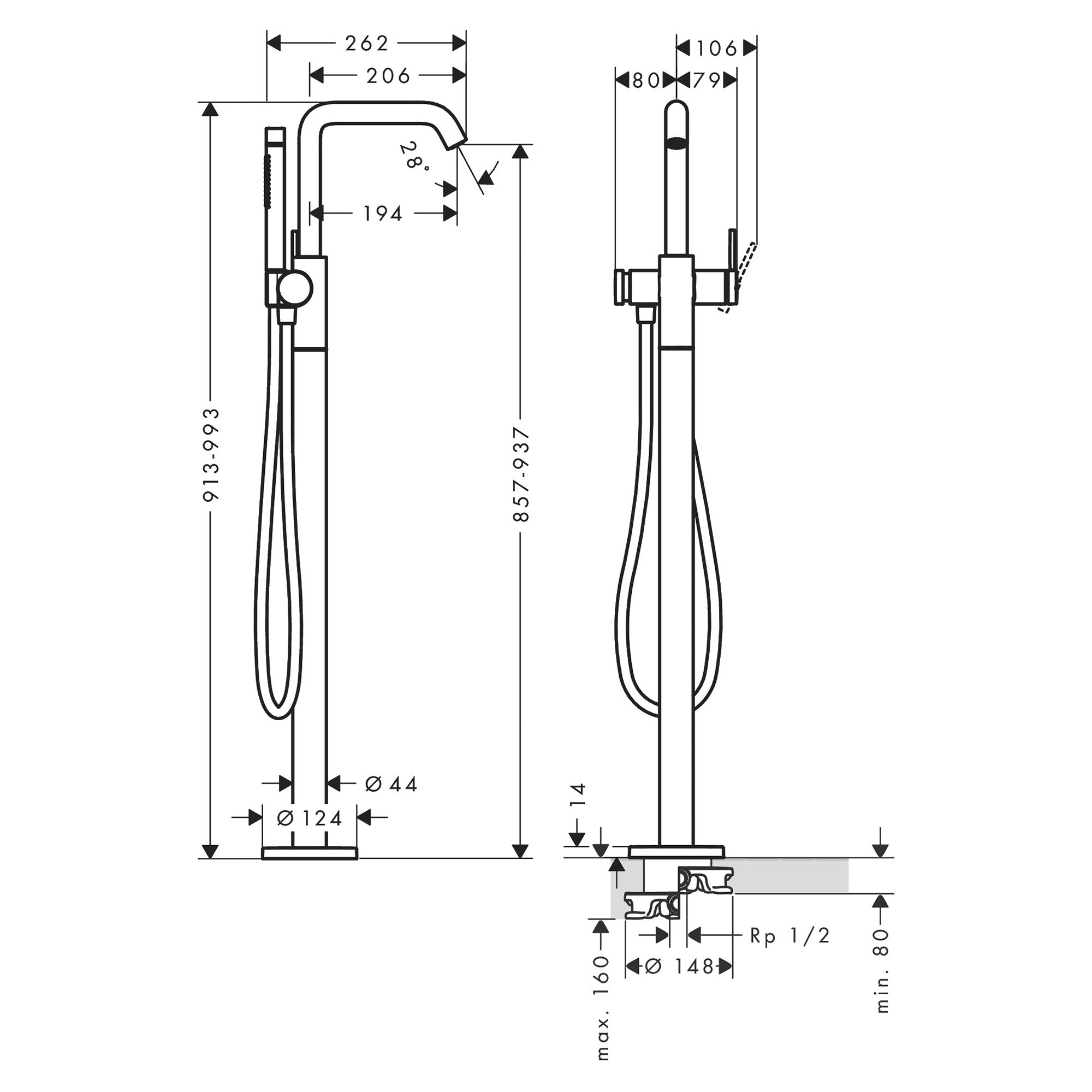 hansgrohe tecturis floorstanding bath shower mixer with handset dimensions