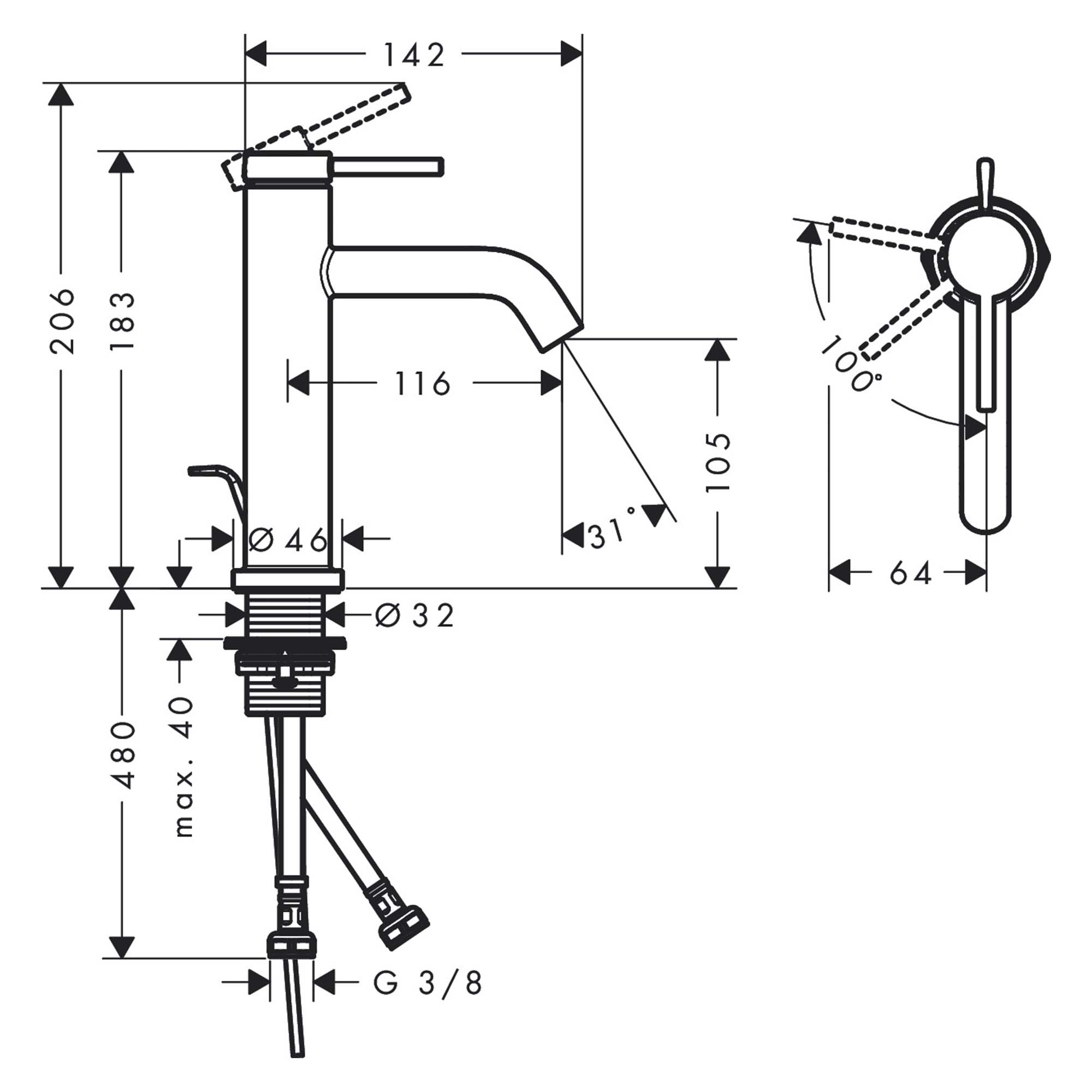 hansgrohe tecturis s single lever basin mixer 110 coolstart with pop up waste dimensions