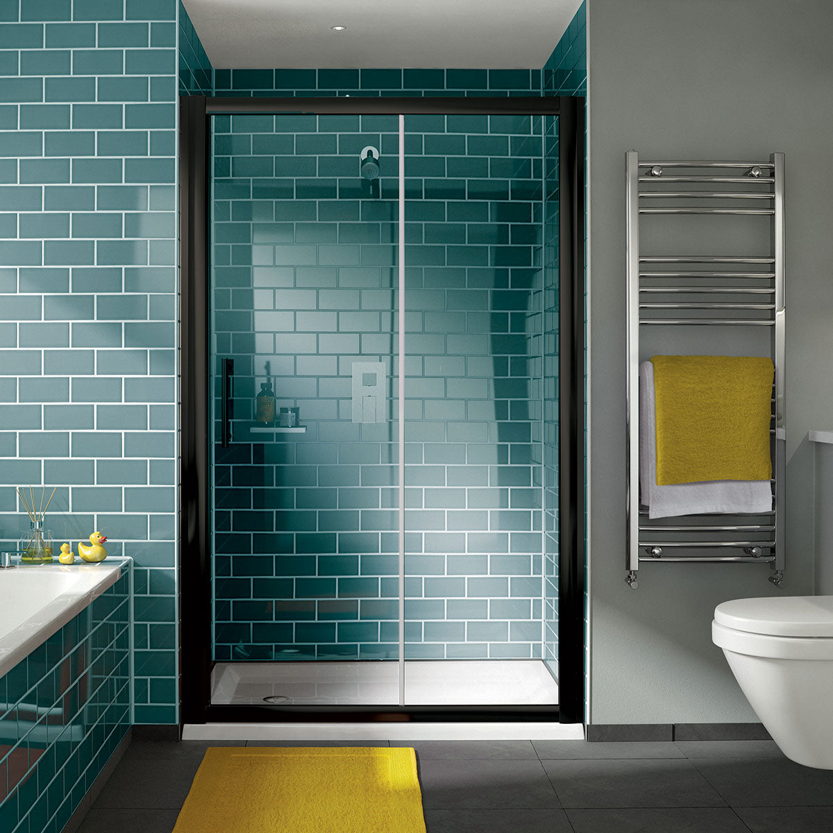 i4 Framed Sliding Shower Door & Optional Side Panel - Matt Black