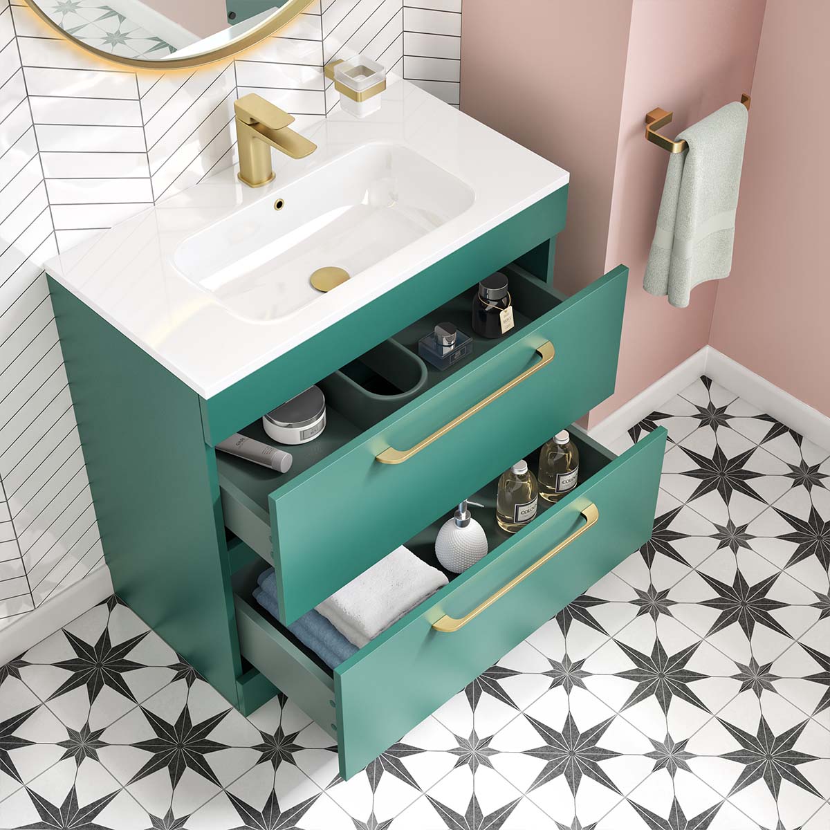 Miami 800mm Floorstanding 2-Drawer Vanity Unit With Basin Forest Green Lifestyle