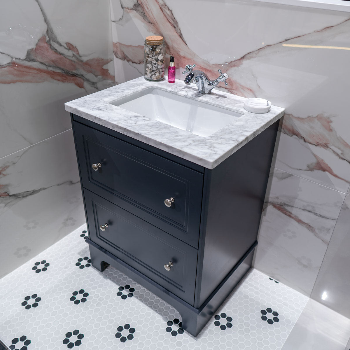 Shelbourne 650 Floorstanding 2-Drawer Marble Top Vanity Unit with Basin - Midnight Grey