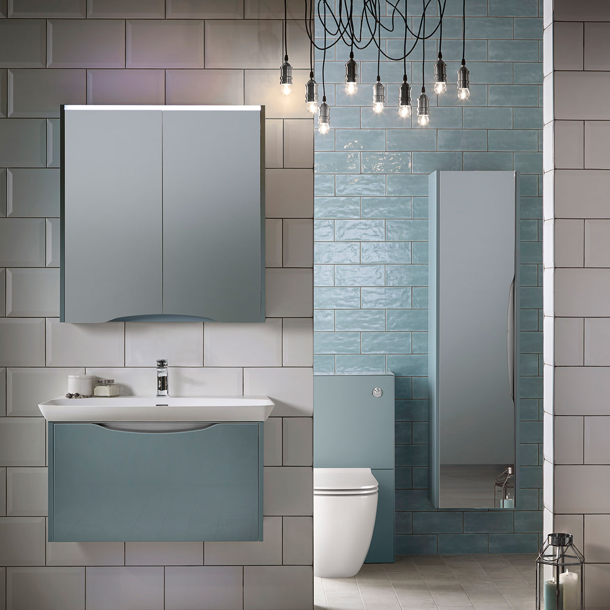 Utopia Lustre 1-Drawer Wall Hung Vanity Unit With Washbasin and LED Illumination - Sea Green