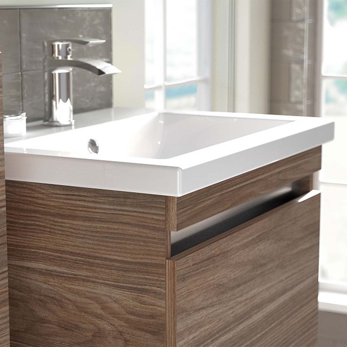 utopia qube 600mm 2 drawer wall hung vanity unit with ceramic basin sorrento walnut