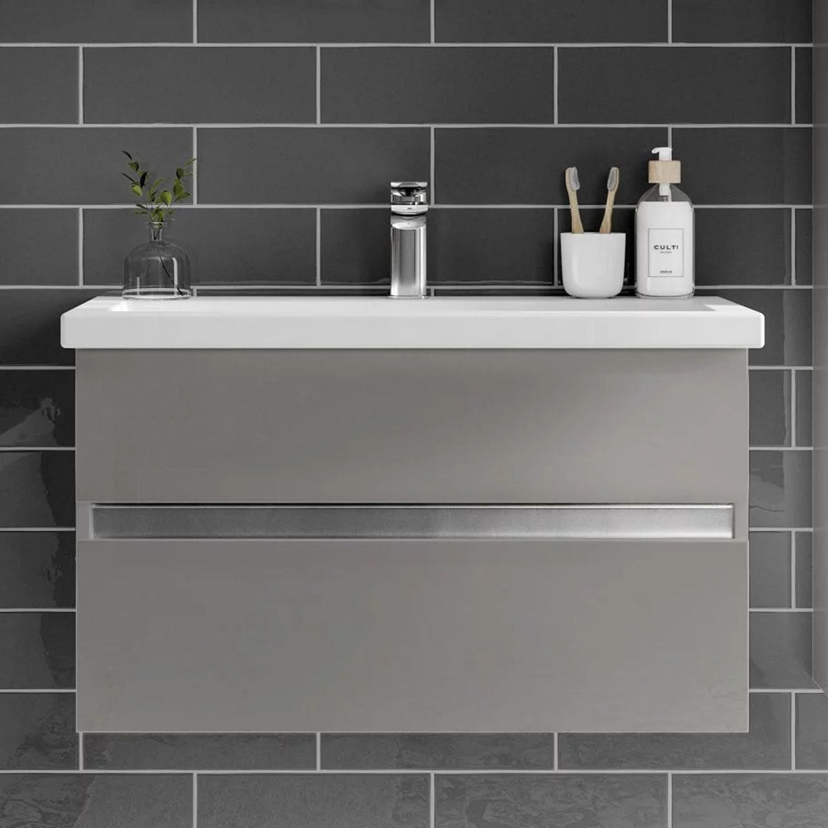 utopia qube compact 600mm 2 drawer wall-hung-vanity unit with ceramic basin pebble grey