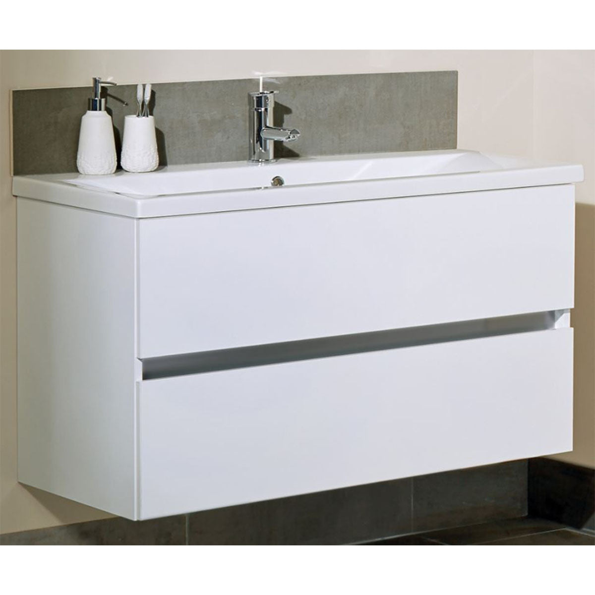 utopia qube compact 800mm 2 drawer wall-hung-vanity unit with ceramic basin white gloss